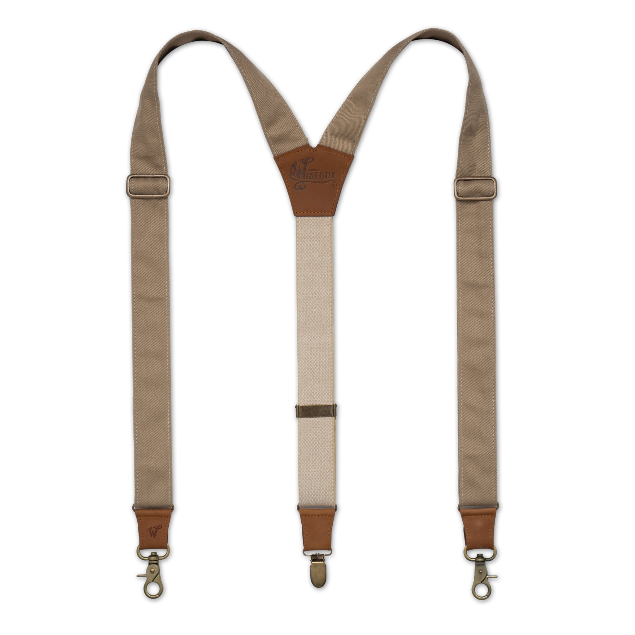 Flat lay of Beige Wiseguy Duck Suspenders with Camel Brown Authentic Nubuck Leather parts, Duck Cotton Canvas Straps, Brass Metal Hardware and Y-back design