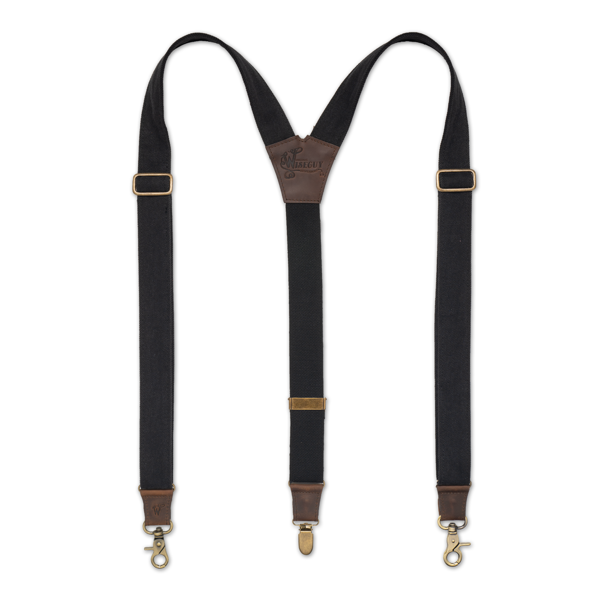 Flat lay of Black Wiseguy Duck Suspenders with Dark Brown Authentic Nubuck Leather parts, Duck Canvas Straps, Brass metal hardware and Y-back design.