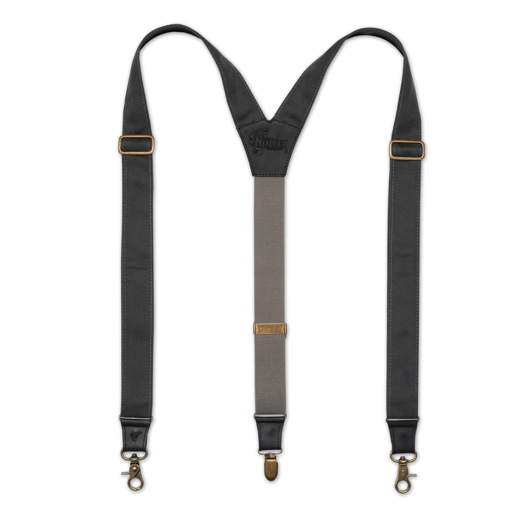 Flat Lay of Gray Wiseguy Duck Suspenders with Black Authentic Nubuck Leather parts, Cotton Duck Canvas Straps, brass metal hardware and y-back design