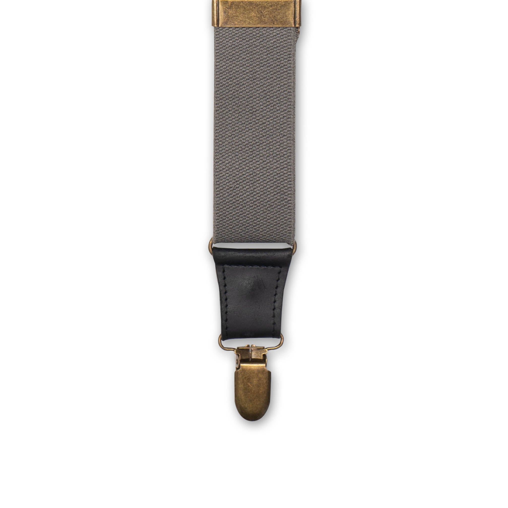 Close-up detail of Brass Metal clip with Black Authentic Nubuck leather connector on Wiseguy Duck Suspenders