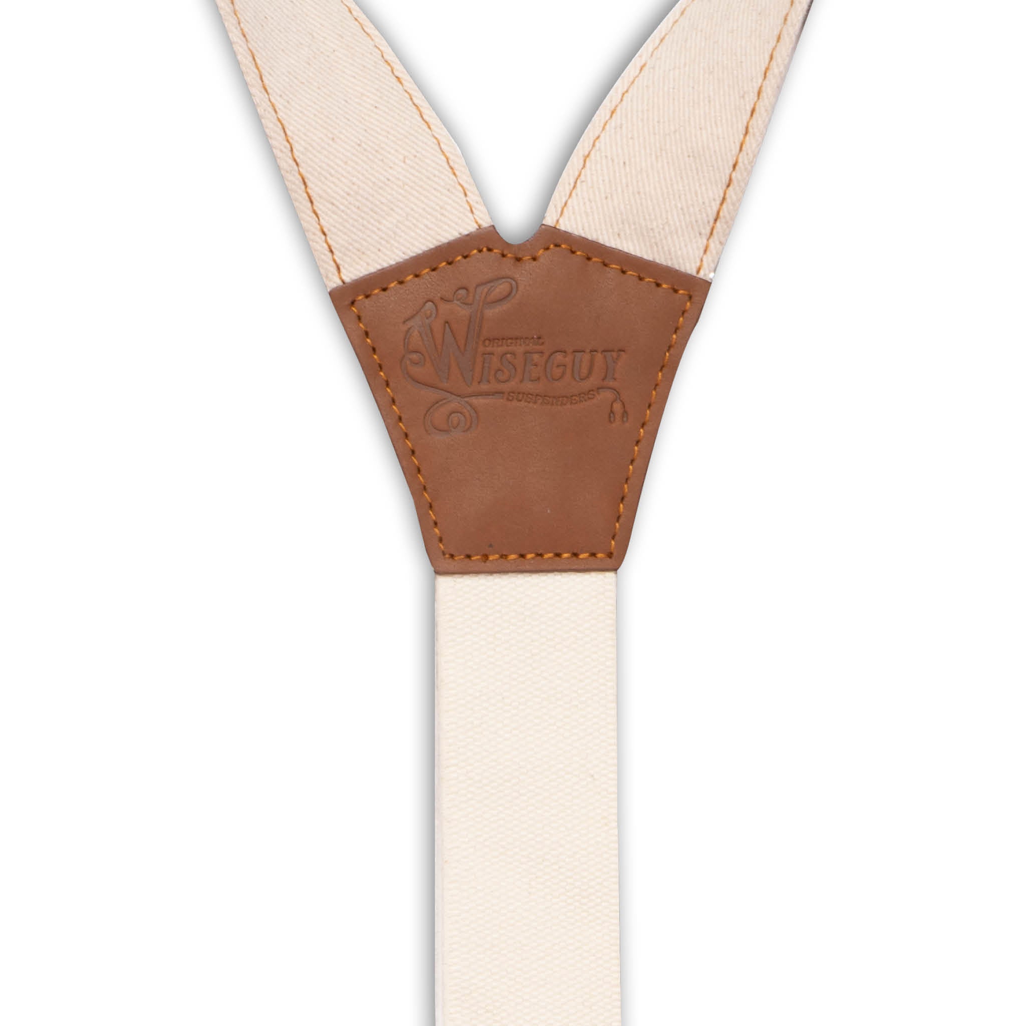 Back Detail of Wiseguy Duck Suspenders with embossed logo on Camel Brown Authentic Nubuck Leather Y-connector.