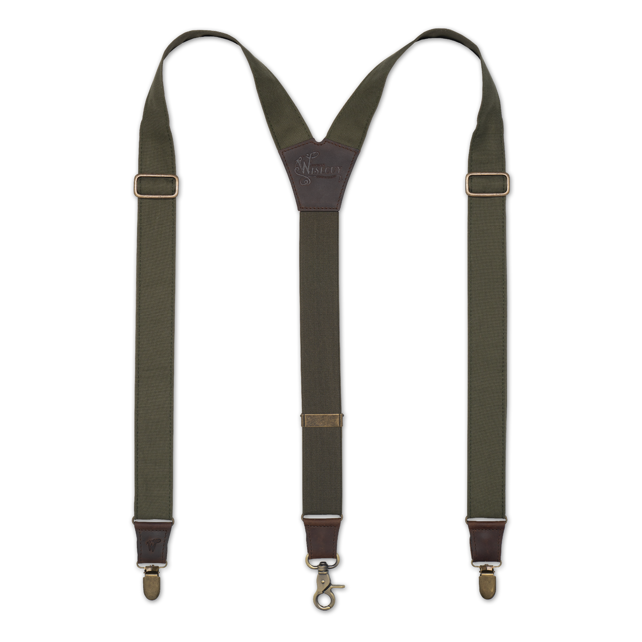 Flat lay of Army Green Wiseguy Mad Dog Suspenders with Dark Brown Authentic Nubuck Leather parts, Repurposed Us Army Tent Straps, Brass metal Hardware and Y-back design