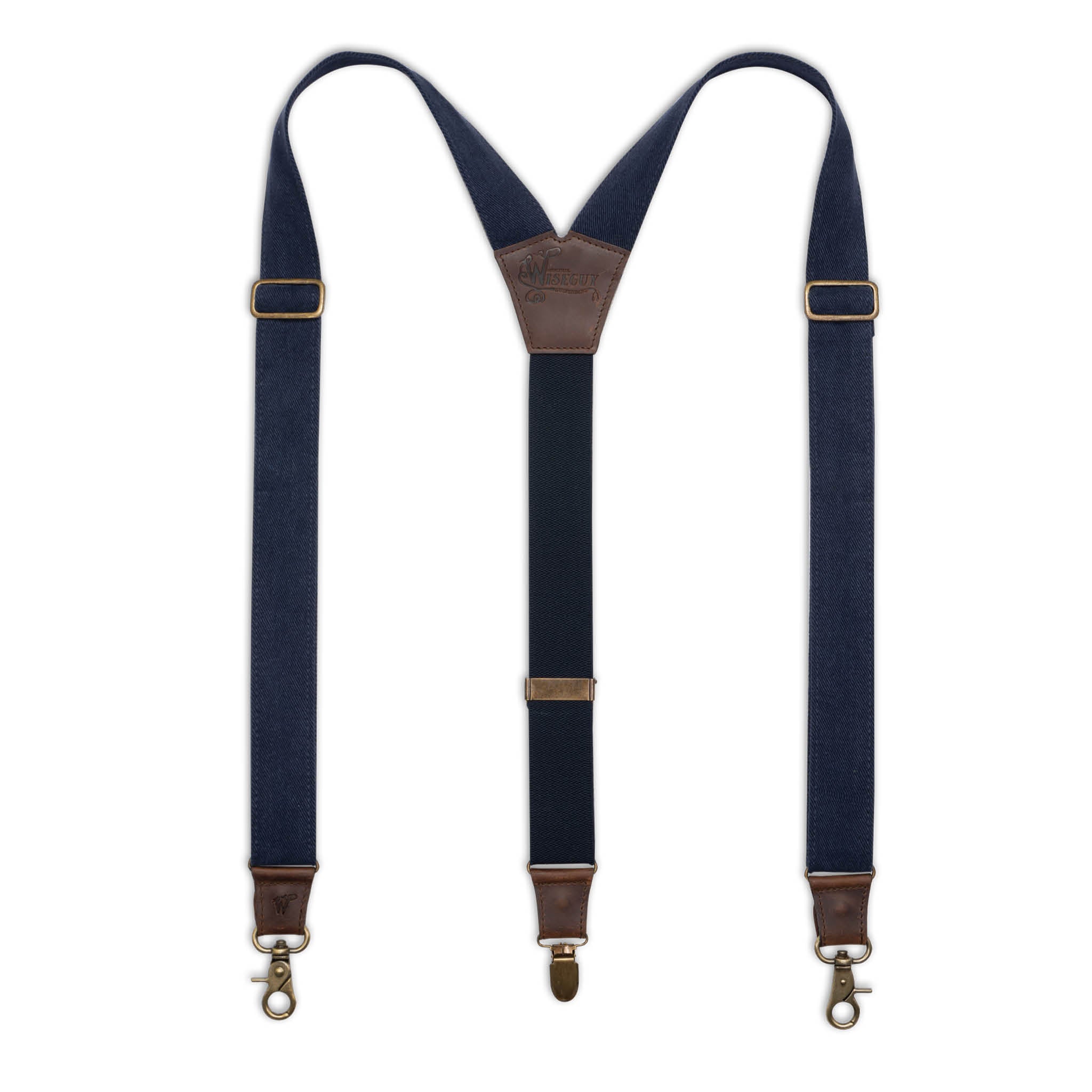 Flat Lay of Navy Blue Wiseguy Duck Suspenders with Dark Brown Authentic Nubuck leather parts, Cotton Duck Canvas Straps, Brass Metal hardware and Y-back design
