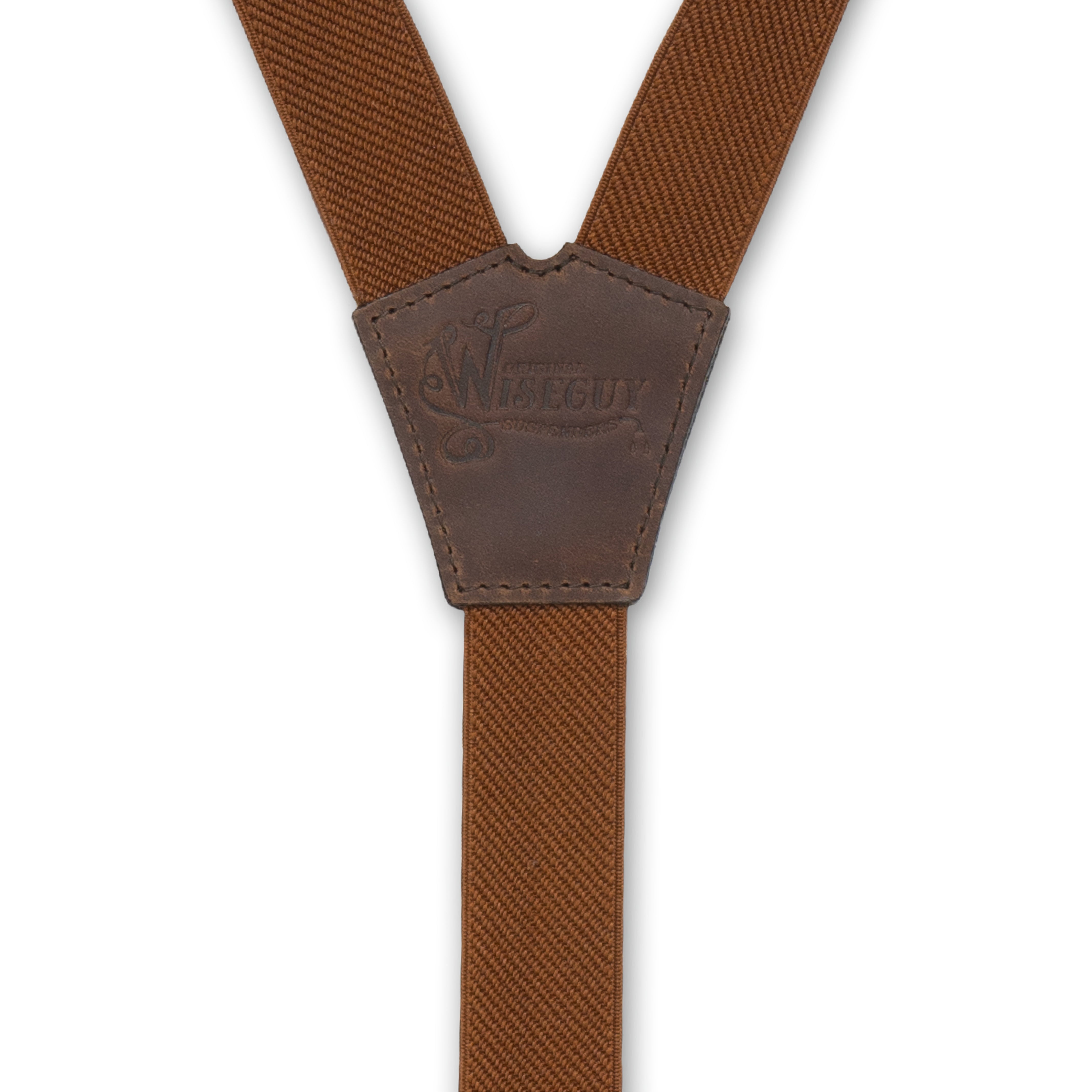 Back detail of Auburn Wiseguy Essential Suspenders with Embossed Logo on Dark Brown Authenic Nubuck Leather Y-connector.