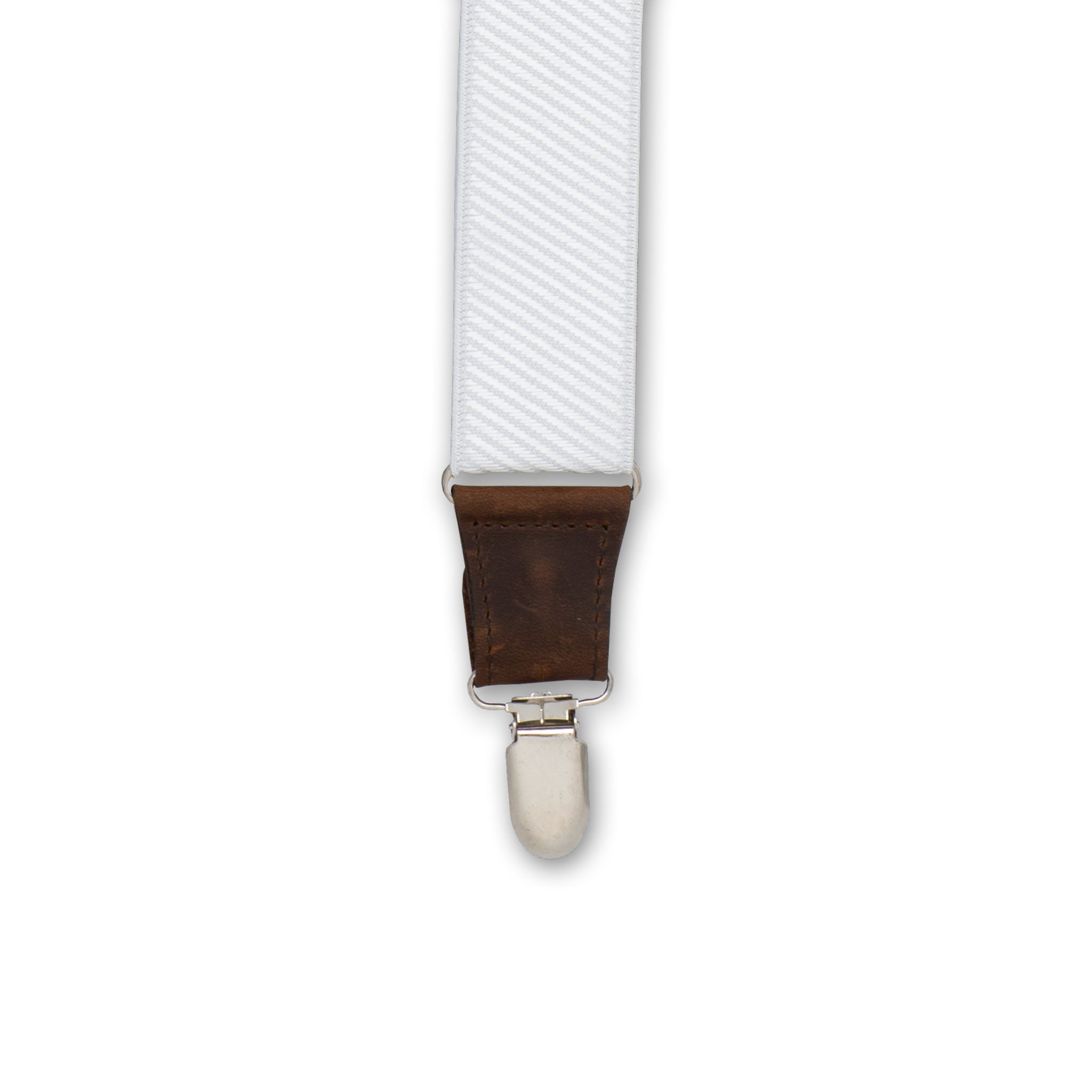 Close-up of Silver Metal Clip with Dark Brown Authentic Nubuck Leather connector on Wiseguy Essential Suspenders