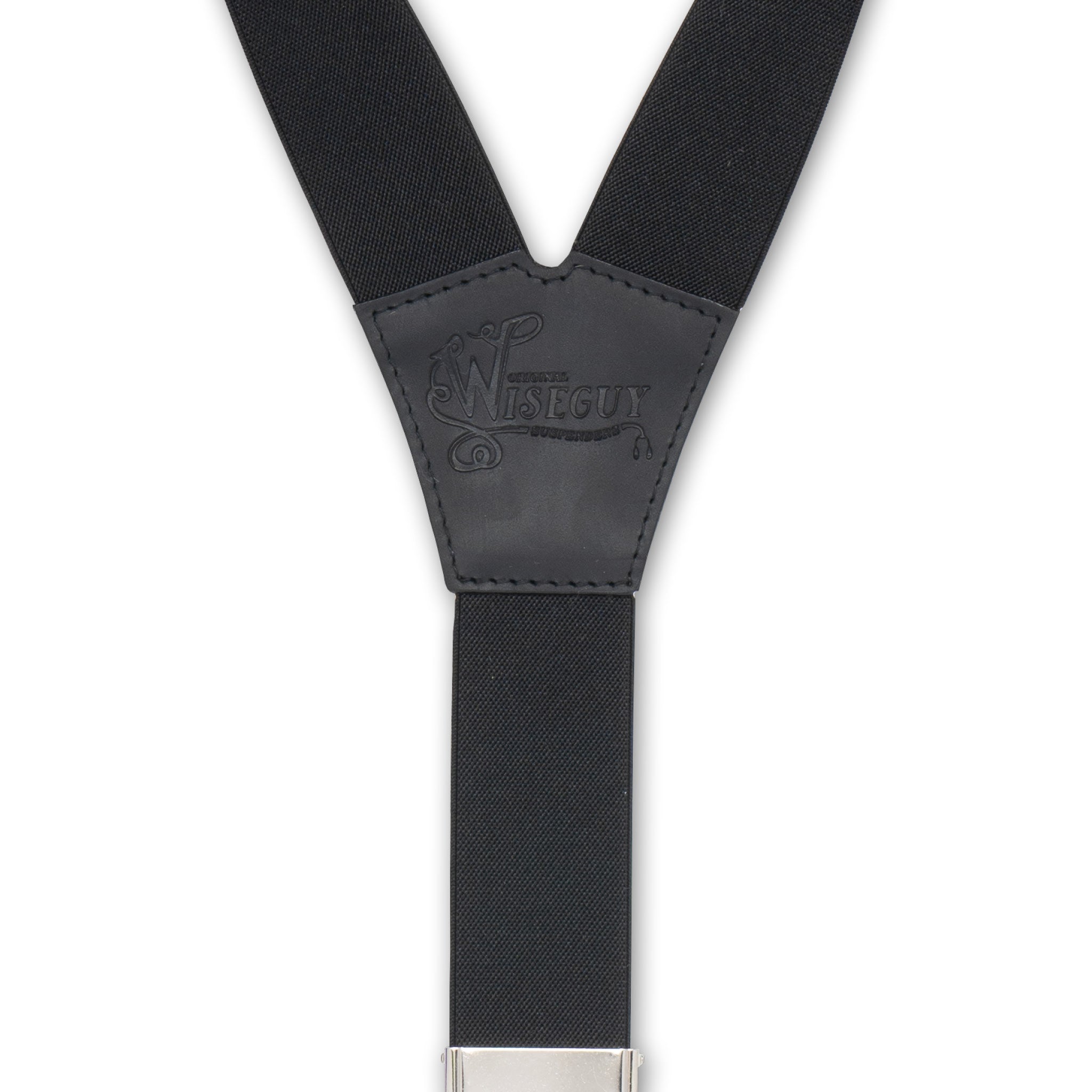 Back detail of Soul Black Wiseguy Essential Suspenders with embossed logo on authentic Nubuck black leather Y-connector