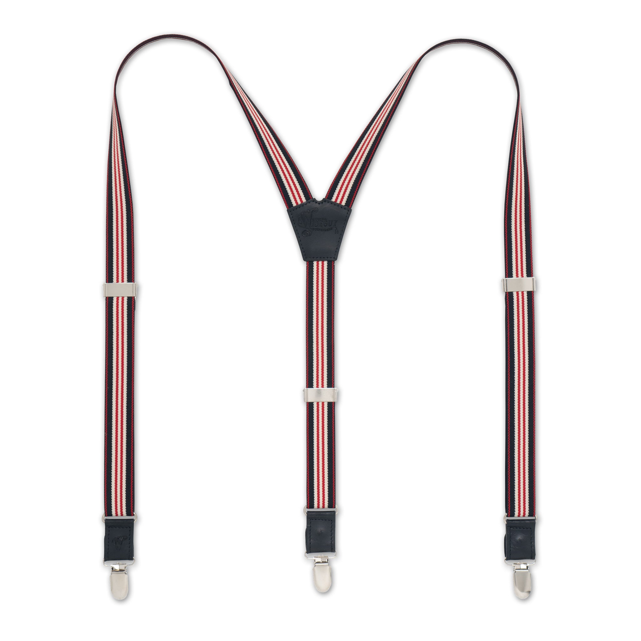 Flat Lay of Black Striped Wiseguy Racing Suspenders with Black Authentic Nubuck Leather parts and European Elastic Webbing straps, Silver Metal Hardware and Y-back design