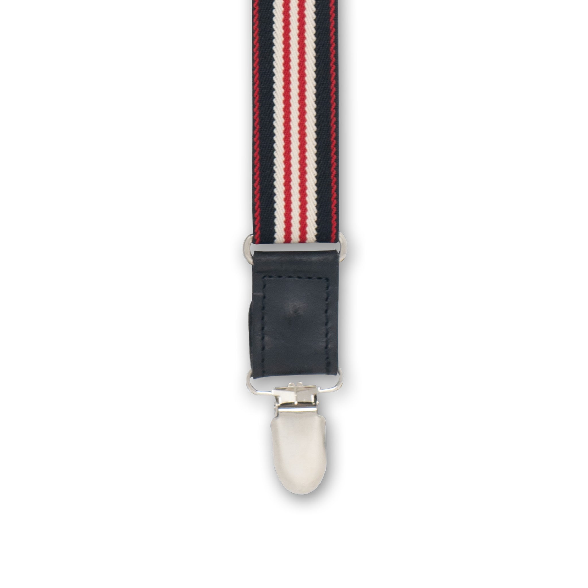 Close-up of Silver Metal Clip with Black Authentic Nubuck Leather connector on Wiseguy Racing Suspenders