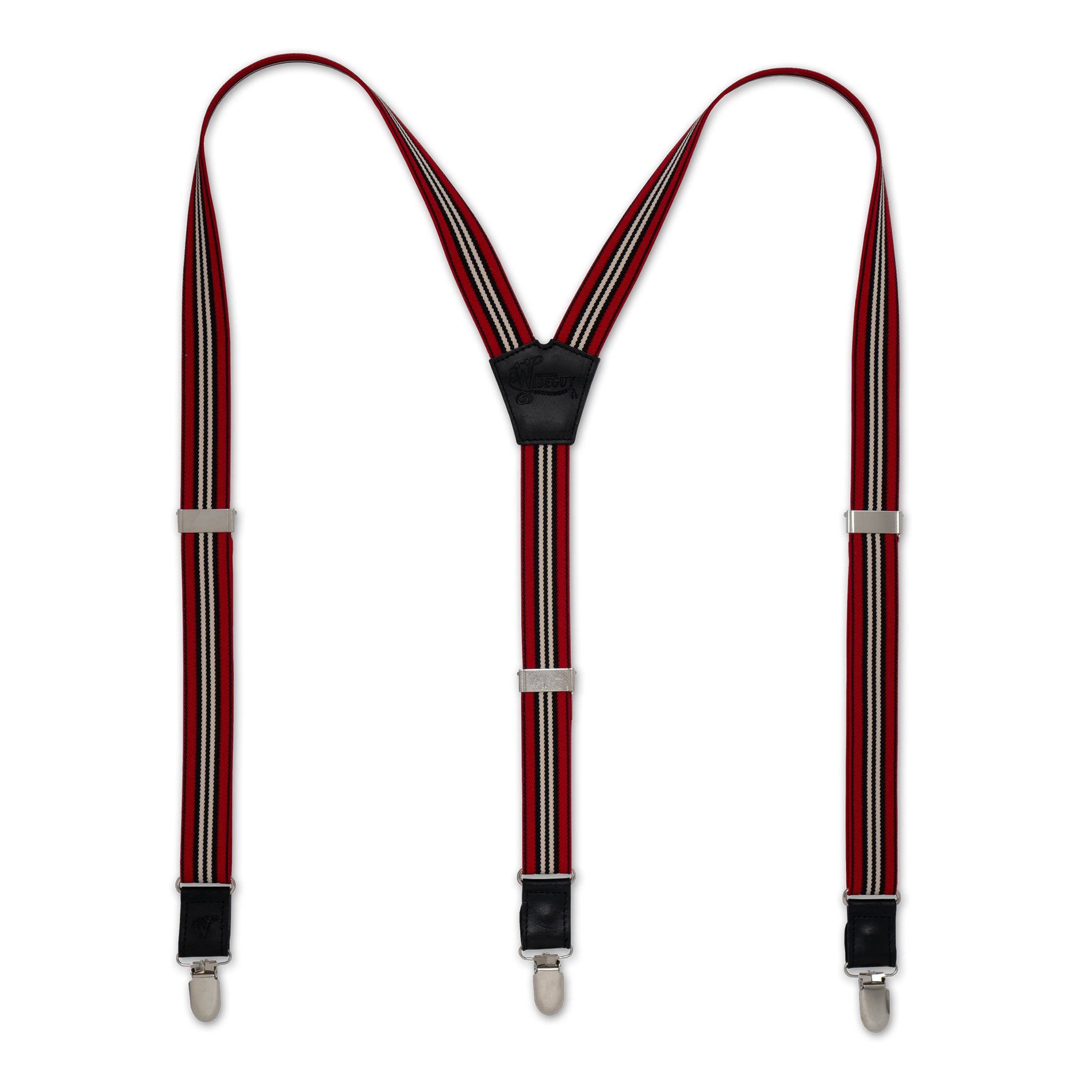 Flat lay of Red Striped Wiseguy Racing Suspenders with Black Authentic Nubuck Leather Parts and European Elastic Webbing straps, Silver Metal Hardware and Y-back design