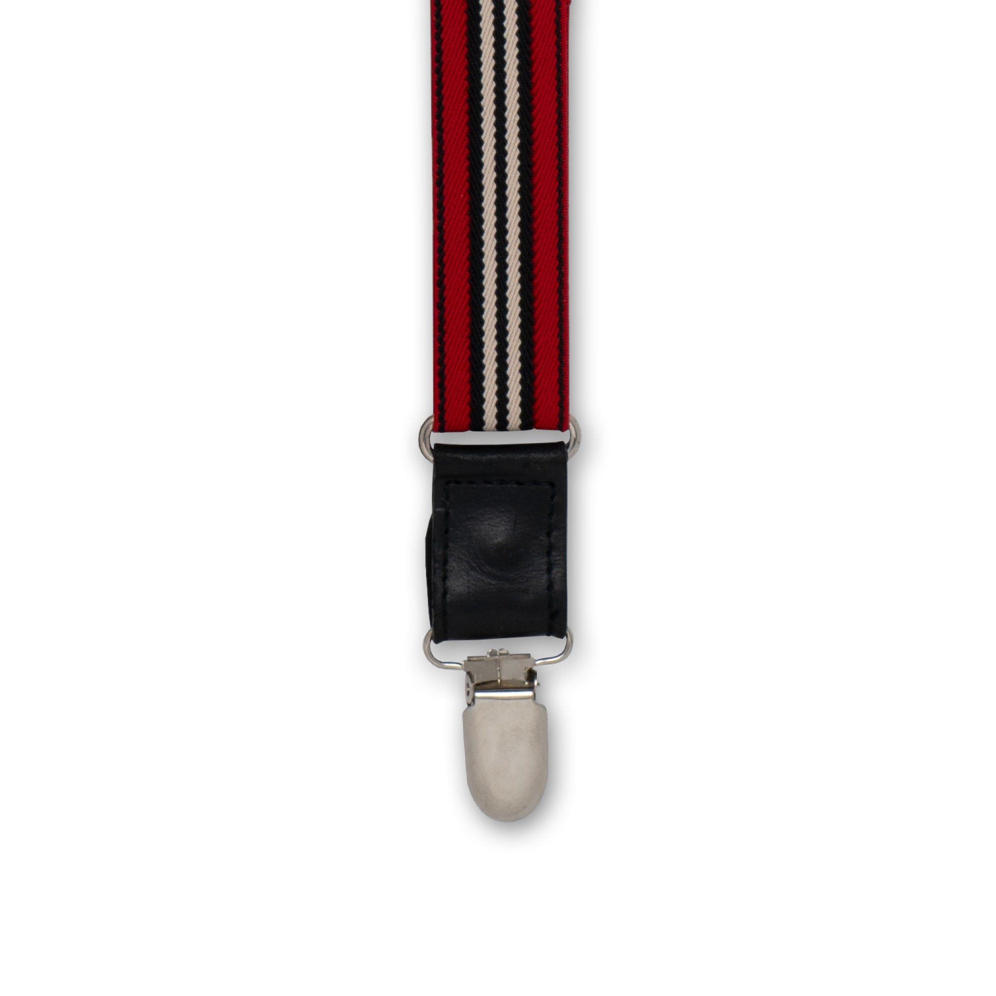 Close-up of Silver Metal Clip with Black Authentic Nubuck Leather connector on Wiseguy Racing Suspenders