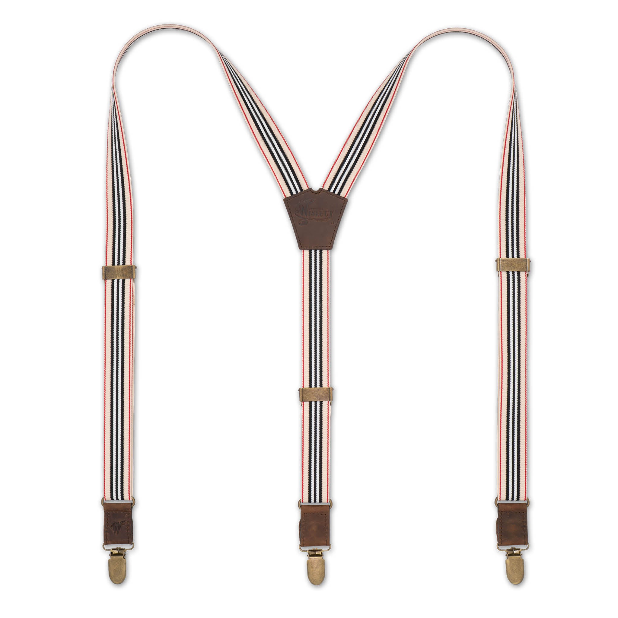 Flat lay of Striped Wiseguy Racing Suspenders with Authentic Nubuck Dark Brown Leather parts and European Elastic Webbing straps, Brass metla parts and Y-back design