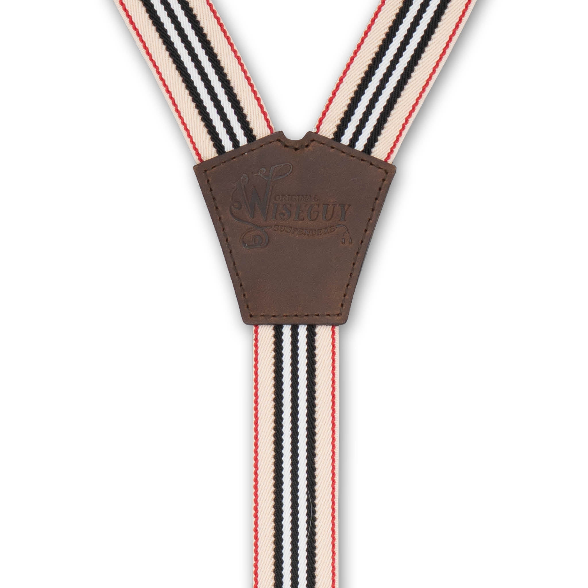 Back detail of Striped Wiseguy Racing Suspenders with embossed logo on Authentic Nubuck Dark Brown Leather Y-Connector
