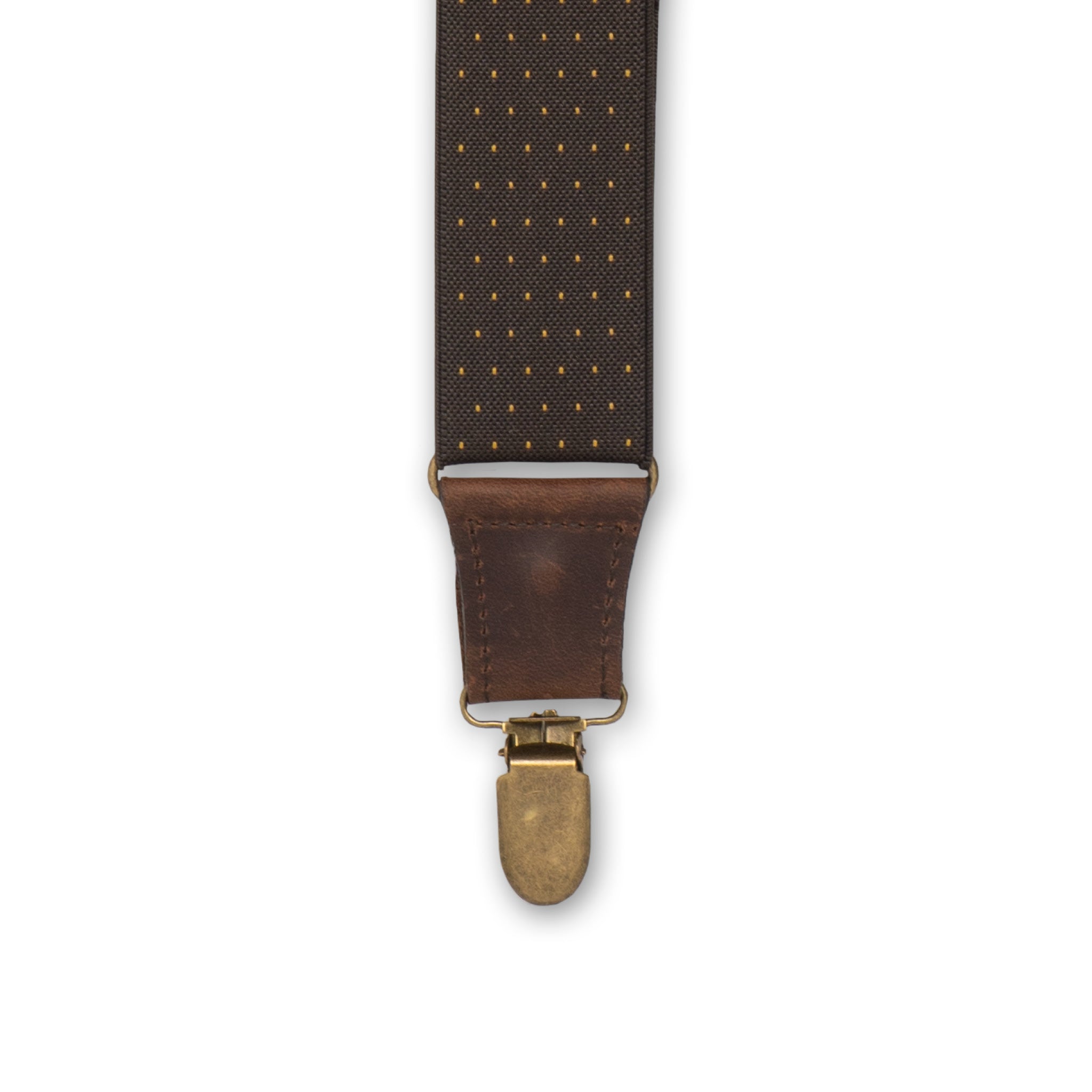 Close-up of Brass Metal Clip with Dark Brown Authentic Nubuck Leather connector on Wiseguy Dapper Suspenders