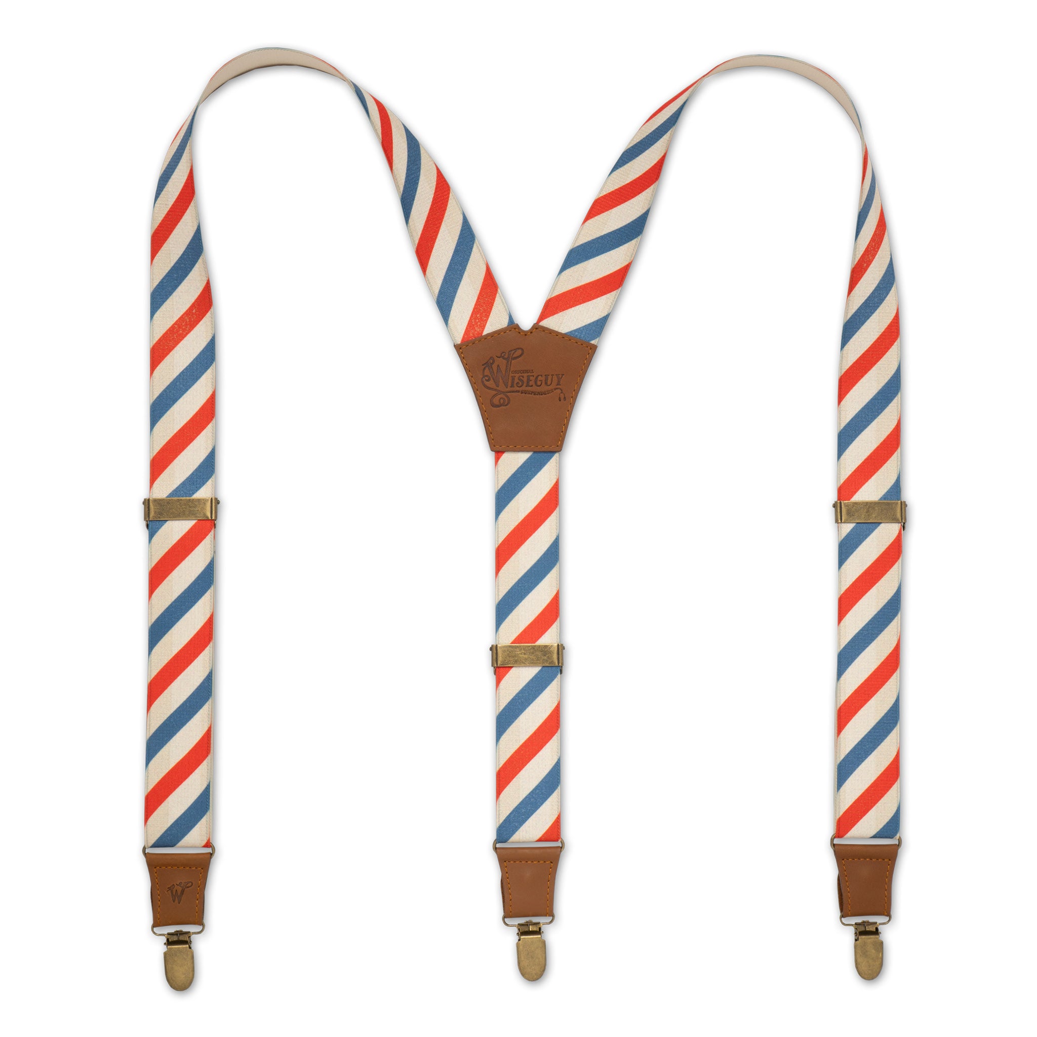 Flat lay of Barber Pole Striped Wiseguy Essential Suspenders with Camel Brown leather, and European Elastic Webbing straps, brass metal parts and Y-back design