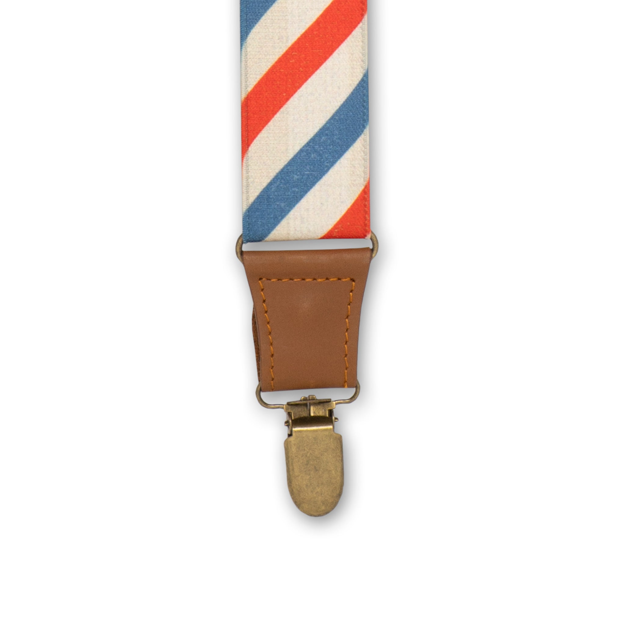 Close-up of brass colored clip with Camel Brown Authentic Nubuck Leather connecter on Wiseguy Essential Suspenders