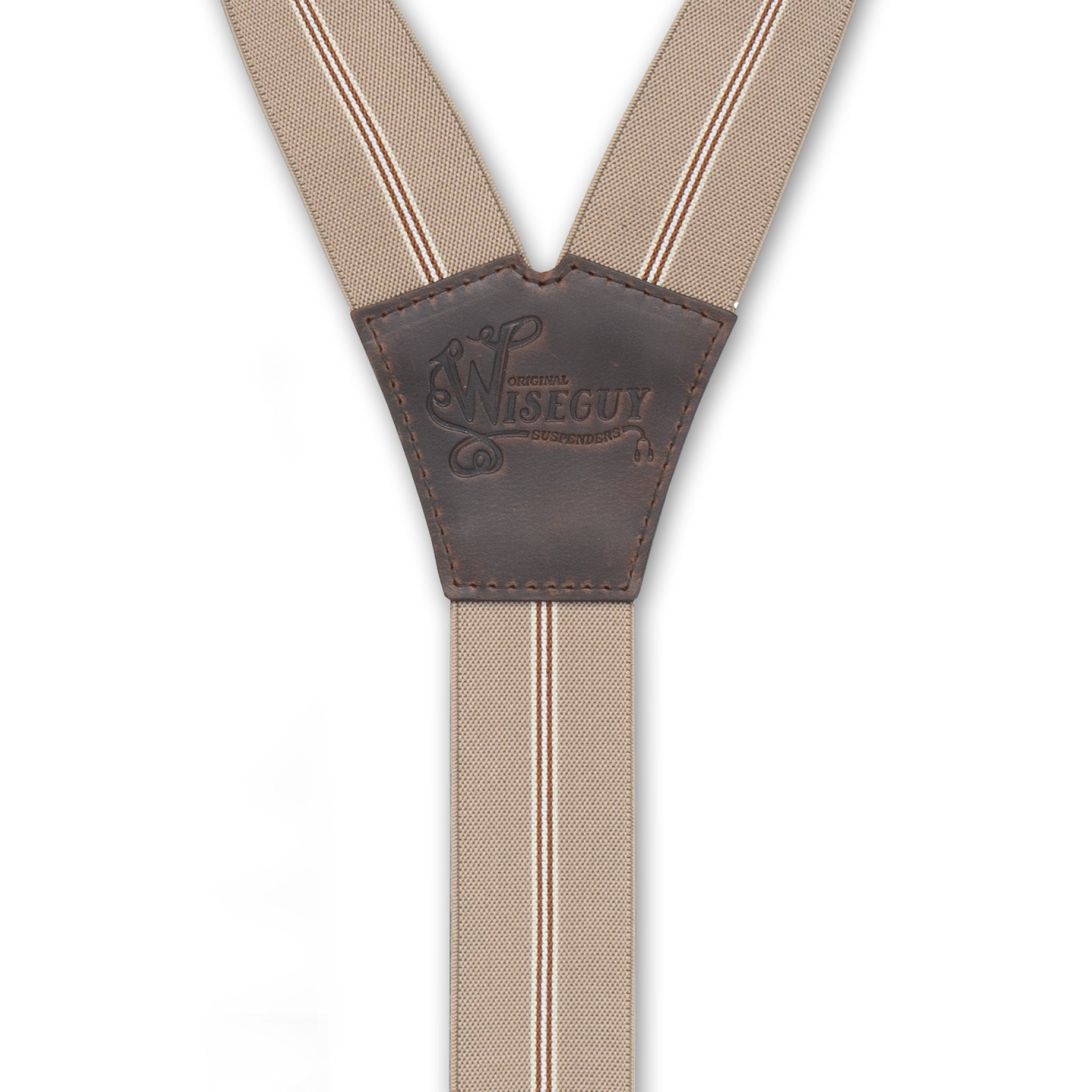 Back detail of Beige Striped Wiseguy Dapper Suspenders with embossed logo on Dark Brown Authentic Nubuck Leather Y-connector