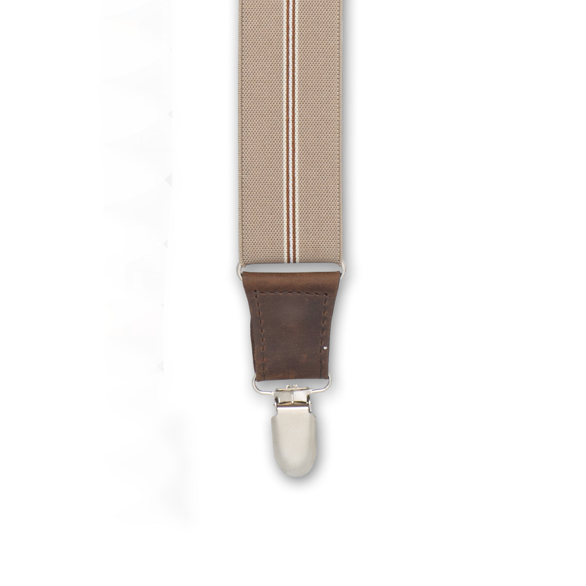 Close-up of Silver Metal Clip with Dark Brown Authentic Nubuck Leather connector on Wiseguy Dapper Suspenders