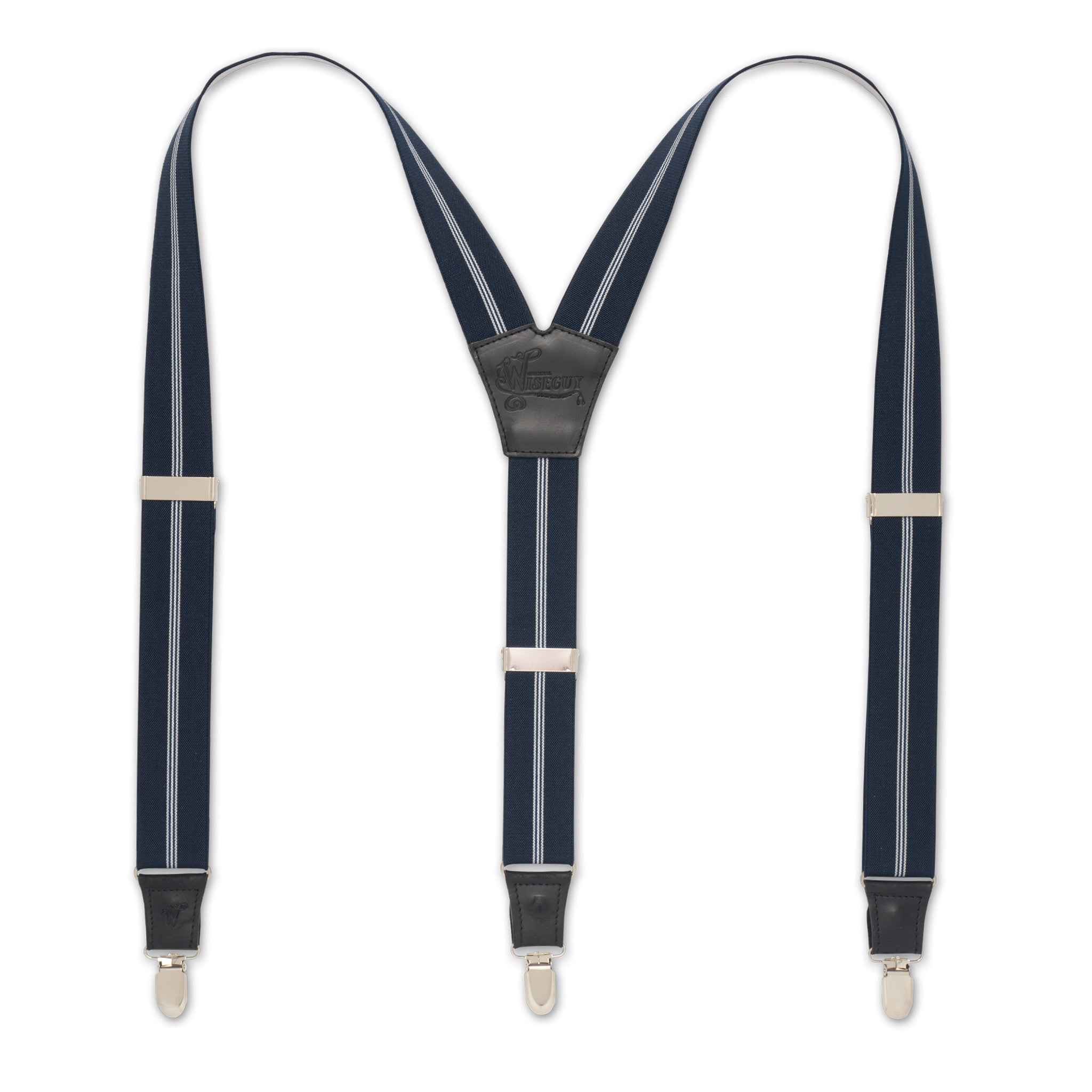 Flat lay of Blue Striped Wiseguy Dapper Suspenders with Authentic Nubuck Leather parts, European Elastic Webbing straps, silver metal hardware and Y-back design.