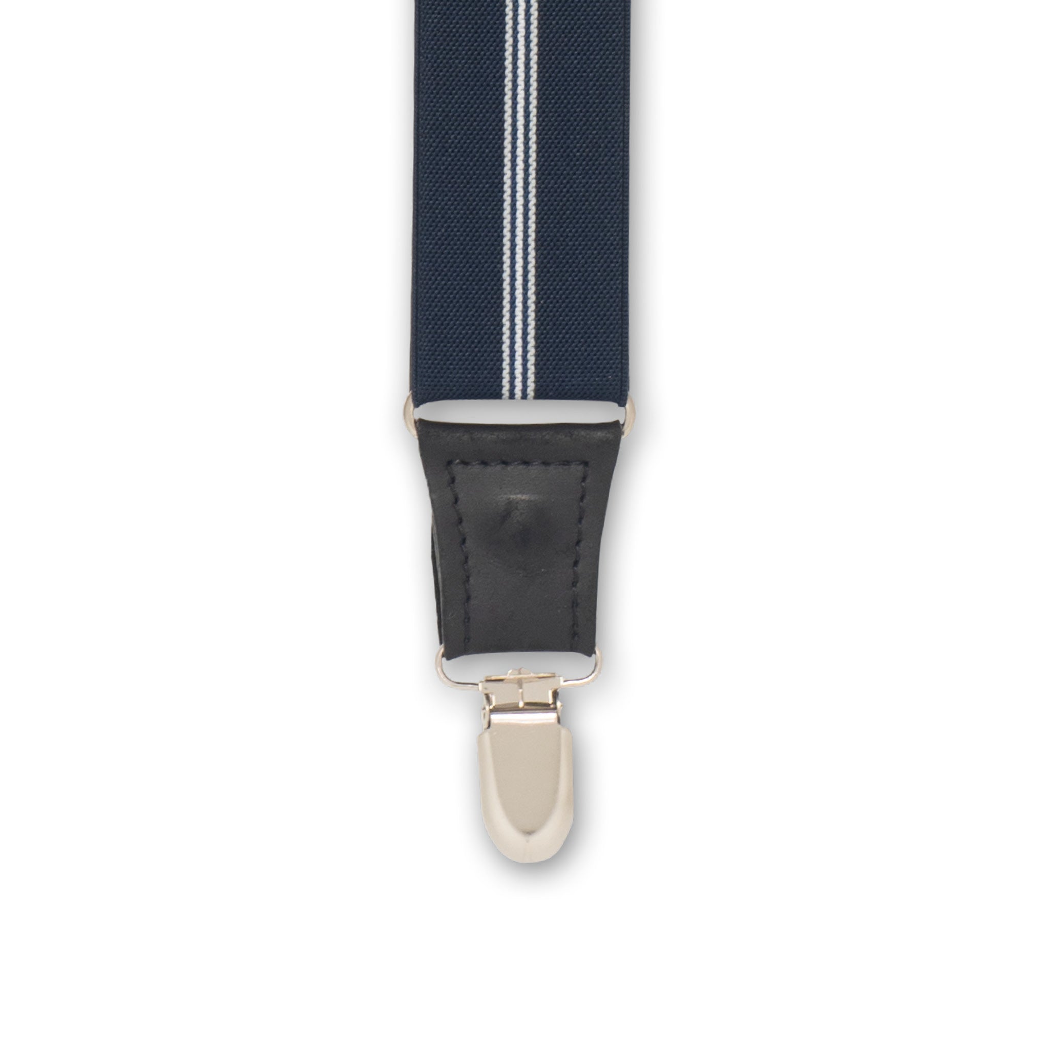Close-up of Silver Metal Clip with Black Authentic Nubuck Leather Connector on Wiseguy Dapper Suspenders.