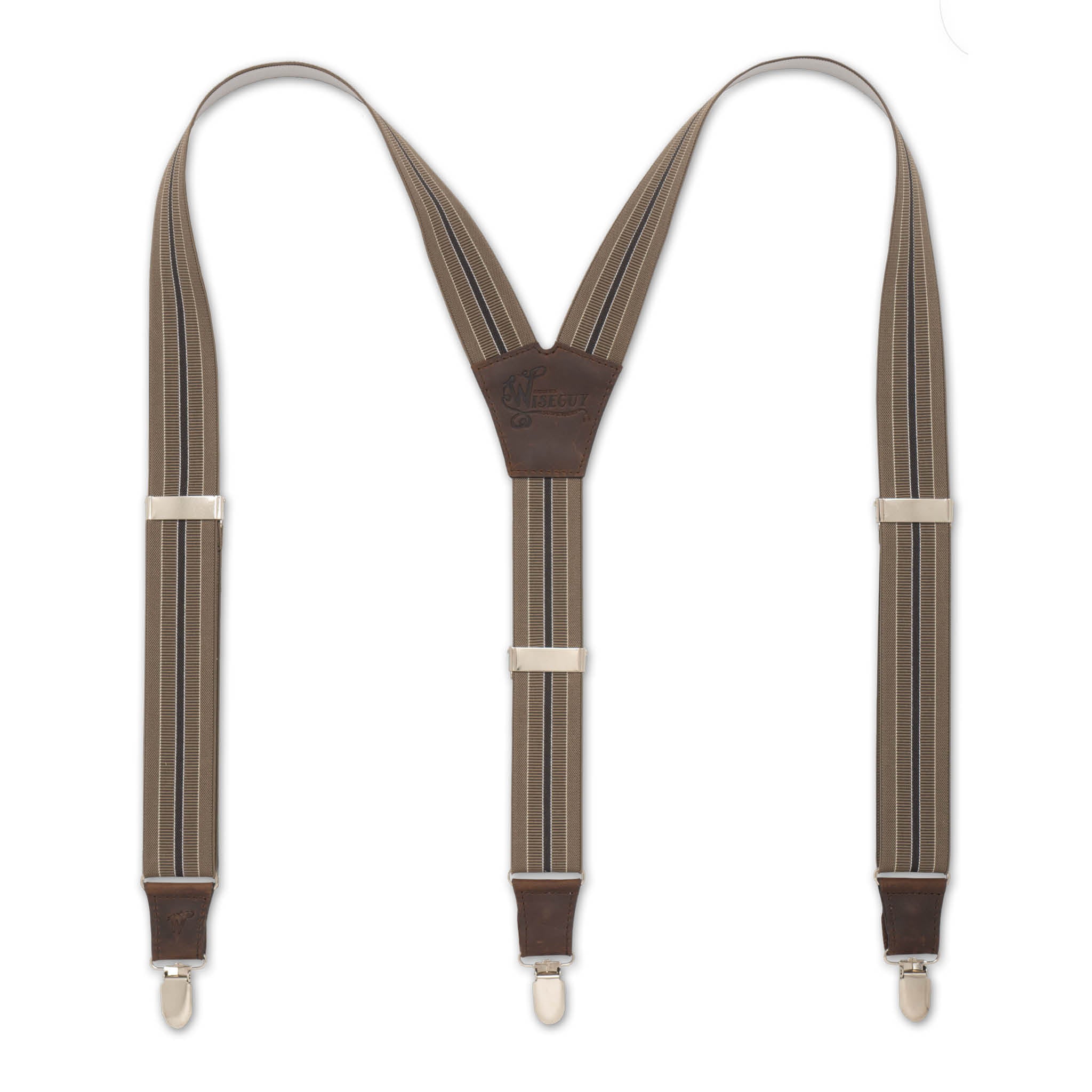 Flat lay of Brown Striped Wiseguy Dapper Suspenders with Dark Brown Authentic Nubuck Leather parts and European Elastic Webbing Straps, Silver metal parts and Y-back design