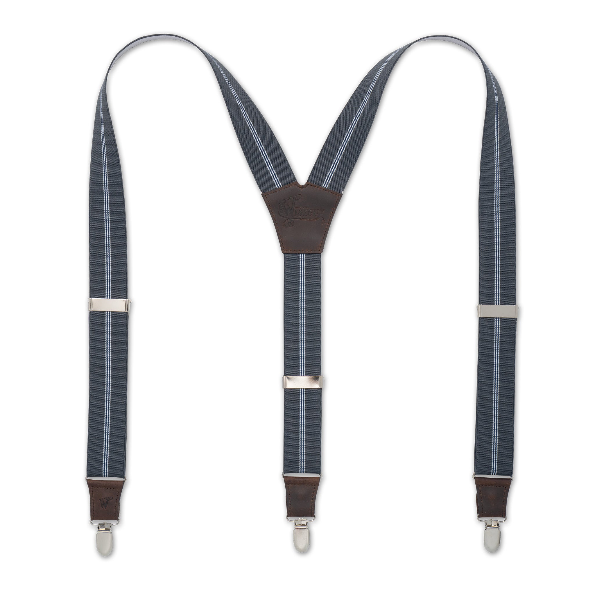 Flat lay of Gray Striped Wiseguy Dapper Suspenders with Authentic Nubuck Leather parts, European Elastic Webbing straps, Silver Metal Hardware and Y-back design.