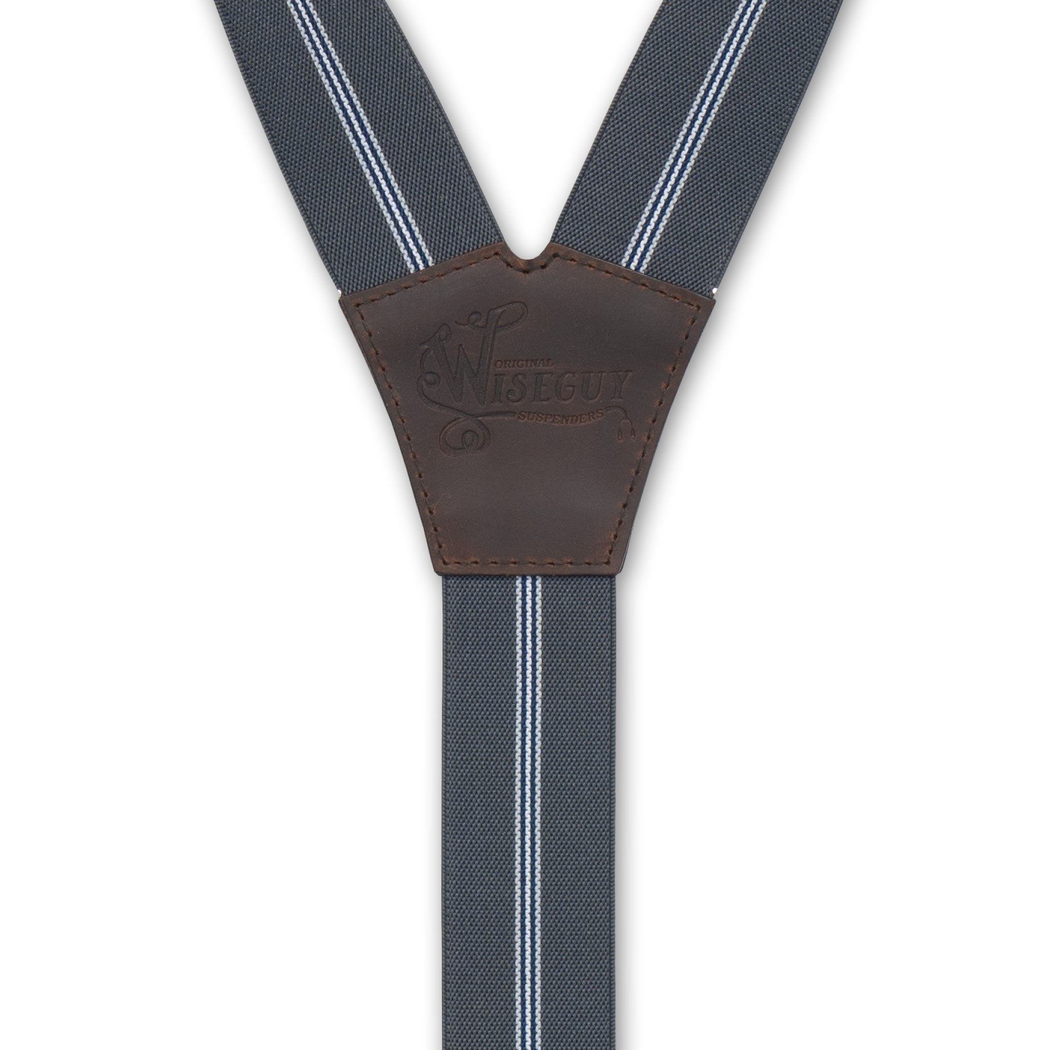 Back detail of Gray Striped Wiseguy Dapper Suspenders with logo embossed on Dark Brown Authentic Nubuck Leather Y-connector.