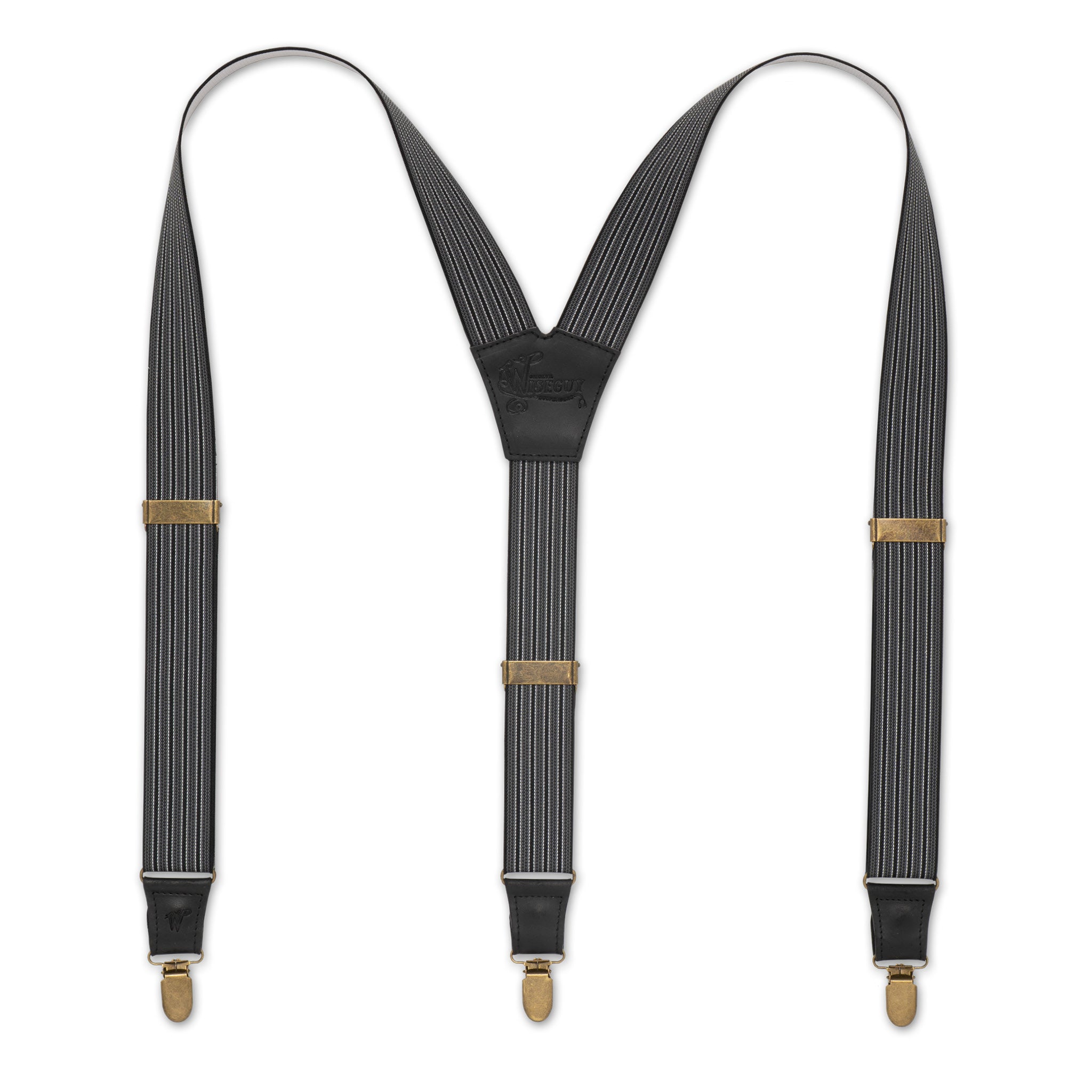 Flat lay of Gray Striped Wiseguy Dapper Suspenders with Black Authentic Nubuck Leather Parts and European Elastic Webbing Straps, Brass Metal Parts and Y-back Design