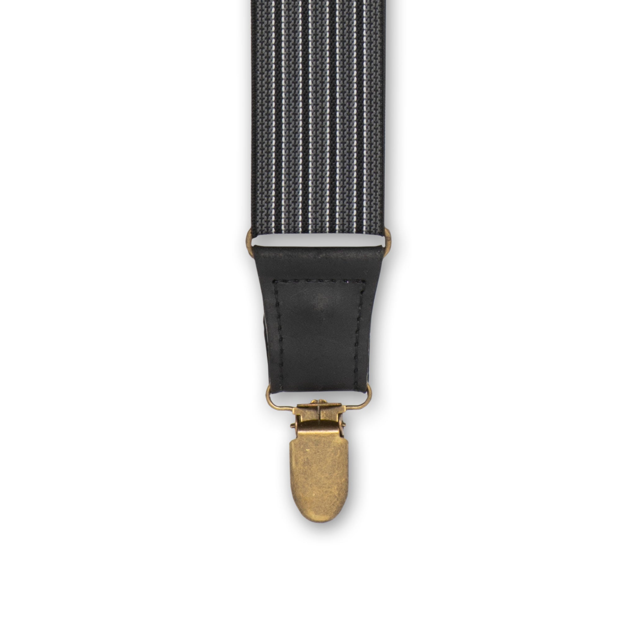 Close-up of Brass Metal Clip with Black Authentic Nubuck Leather Connector on Wiseguy Dapper Suspenders