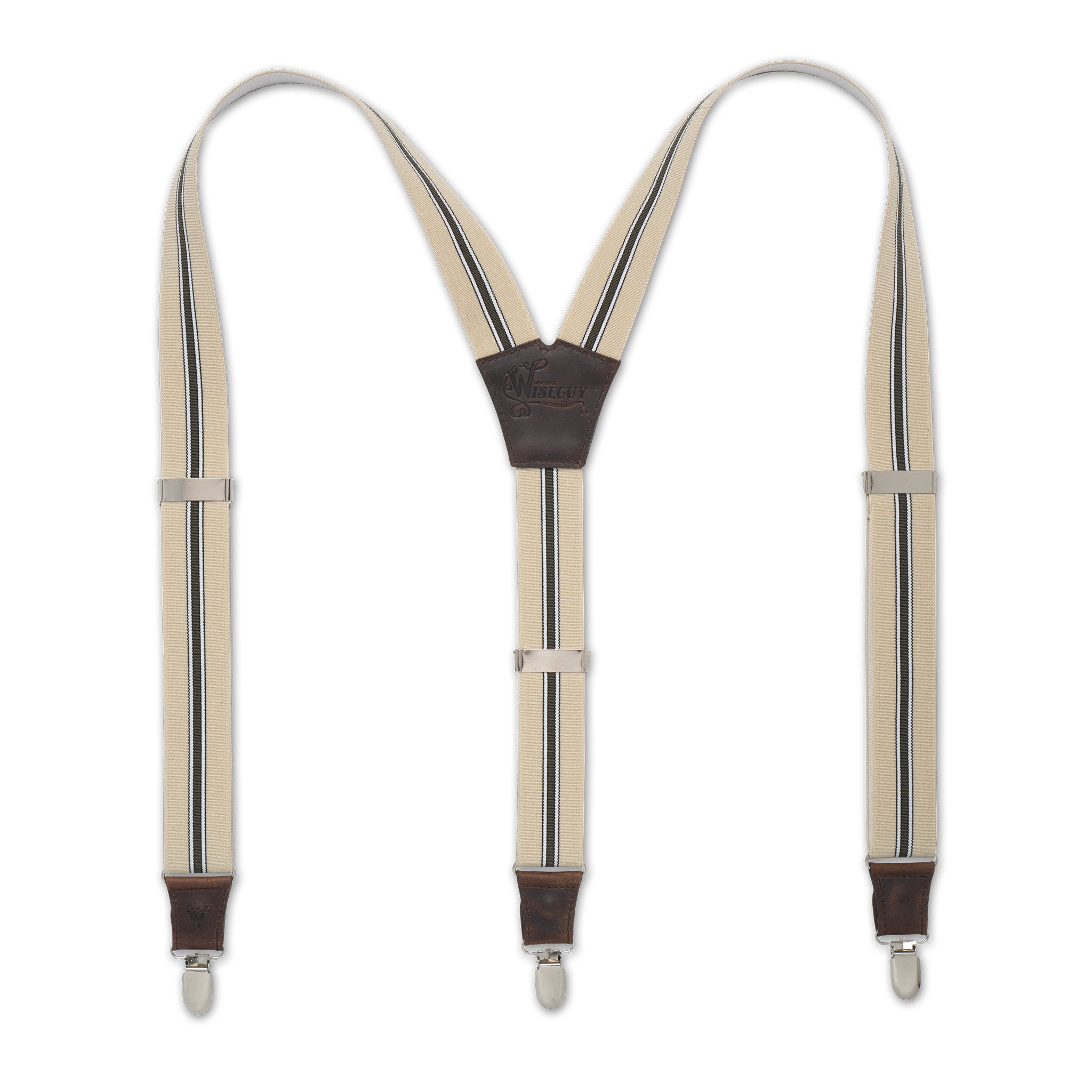 Flat lay of Striped Wiseguy Dapper Suspenders with Dark Brown Authentic Nubuck Leather parts and European Elastic webbing Straps, Silver Metal parts and Y-back design