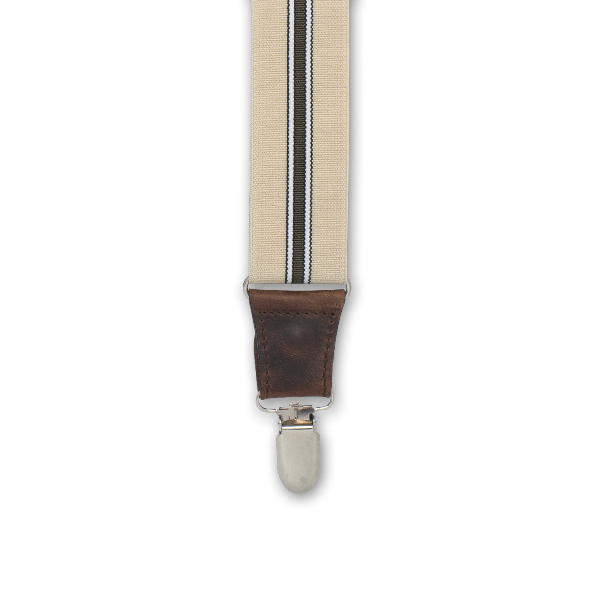 Close-up of Silver Metal Clip with Dark Brown Authentic Nubuck Leather Connector on Wiseguy Dapper Suspenders