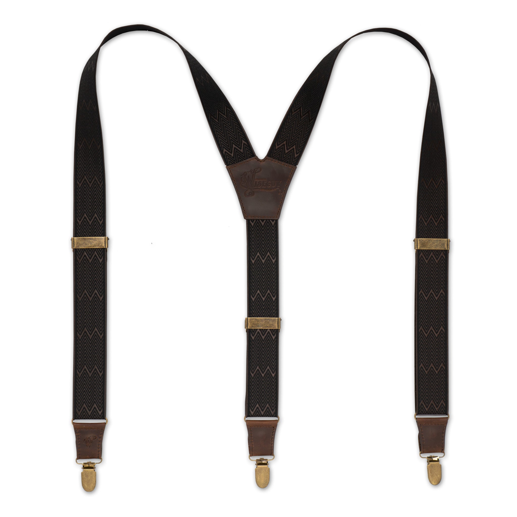 Flat lay of Chocolate Wiseguy Dapper Suspenders with European elastic webbing in Herringbone design and Authentic Nubuck leather straps, Metal parts in the color Brass and a Y-back design.