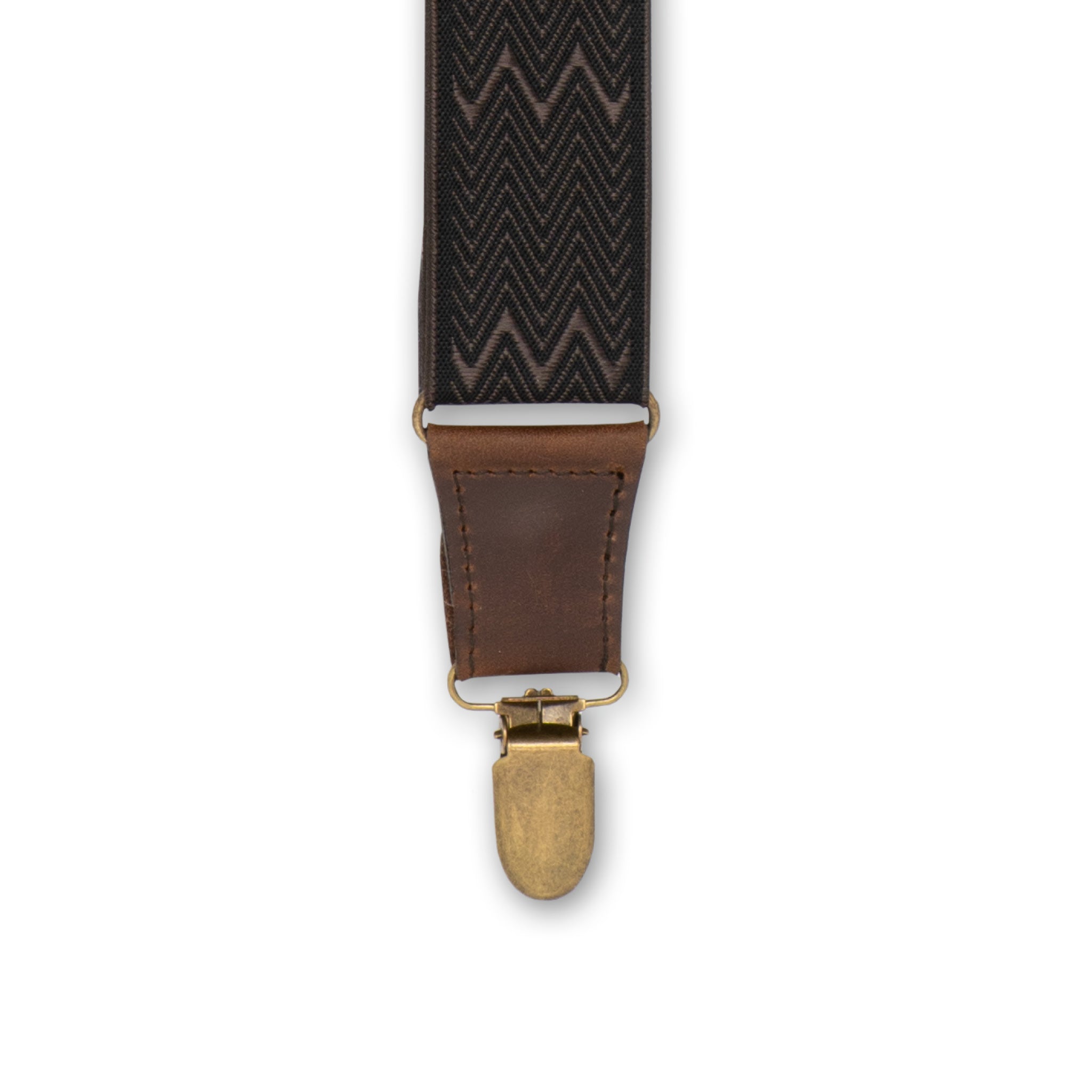 Close-up of Brass Metal Clip with a Dark Brown Authentic Nubuck Leather Connector on Wiseguy Dapper Suspenders