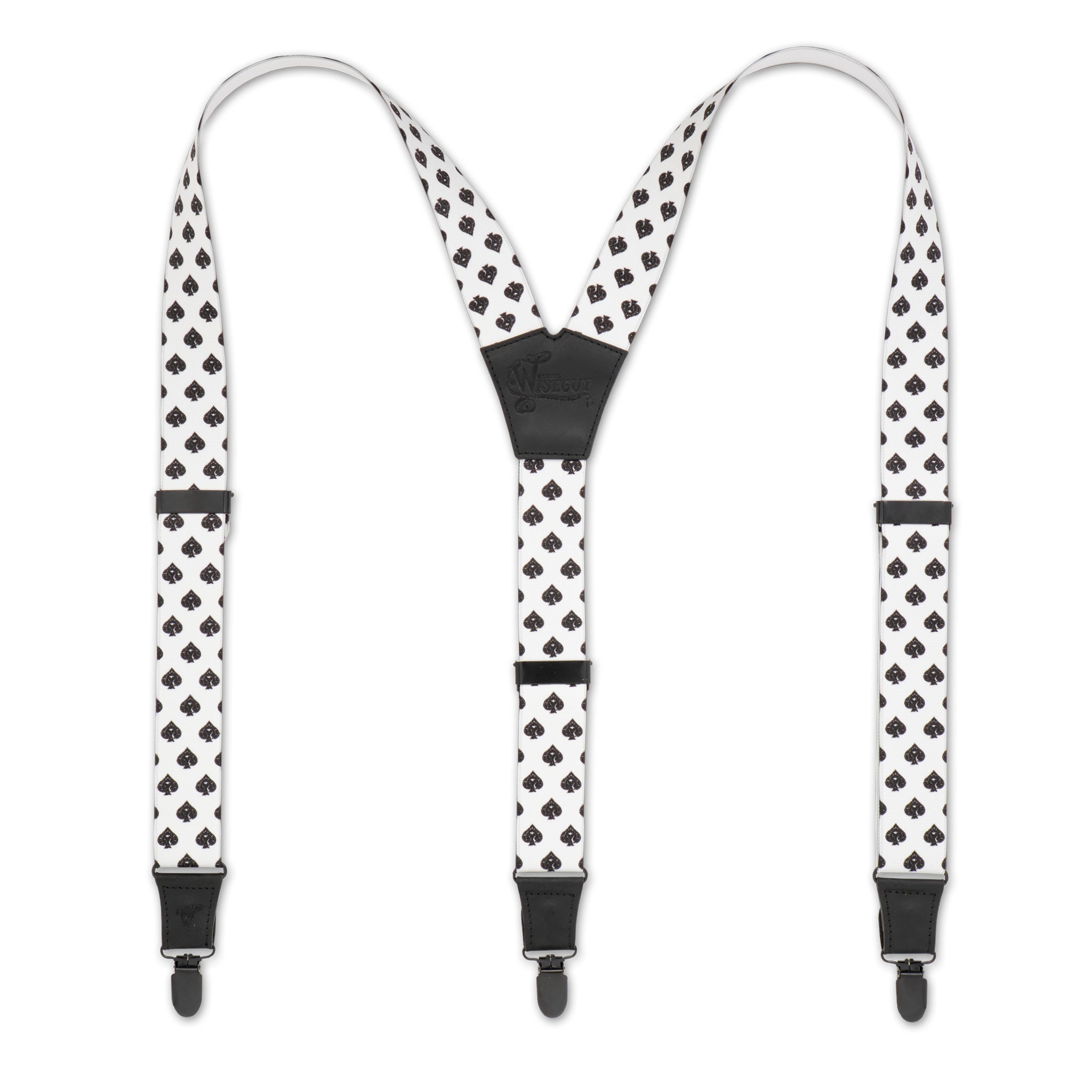 Flat lay of White Spade Wiseguy Essentials Suspenders with Black Authentic Nubuck Leather parts and European Elastic Webbing straps, Black metal parts and Y-back design