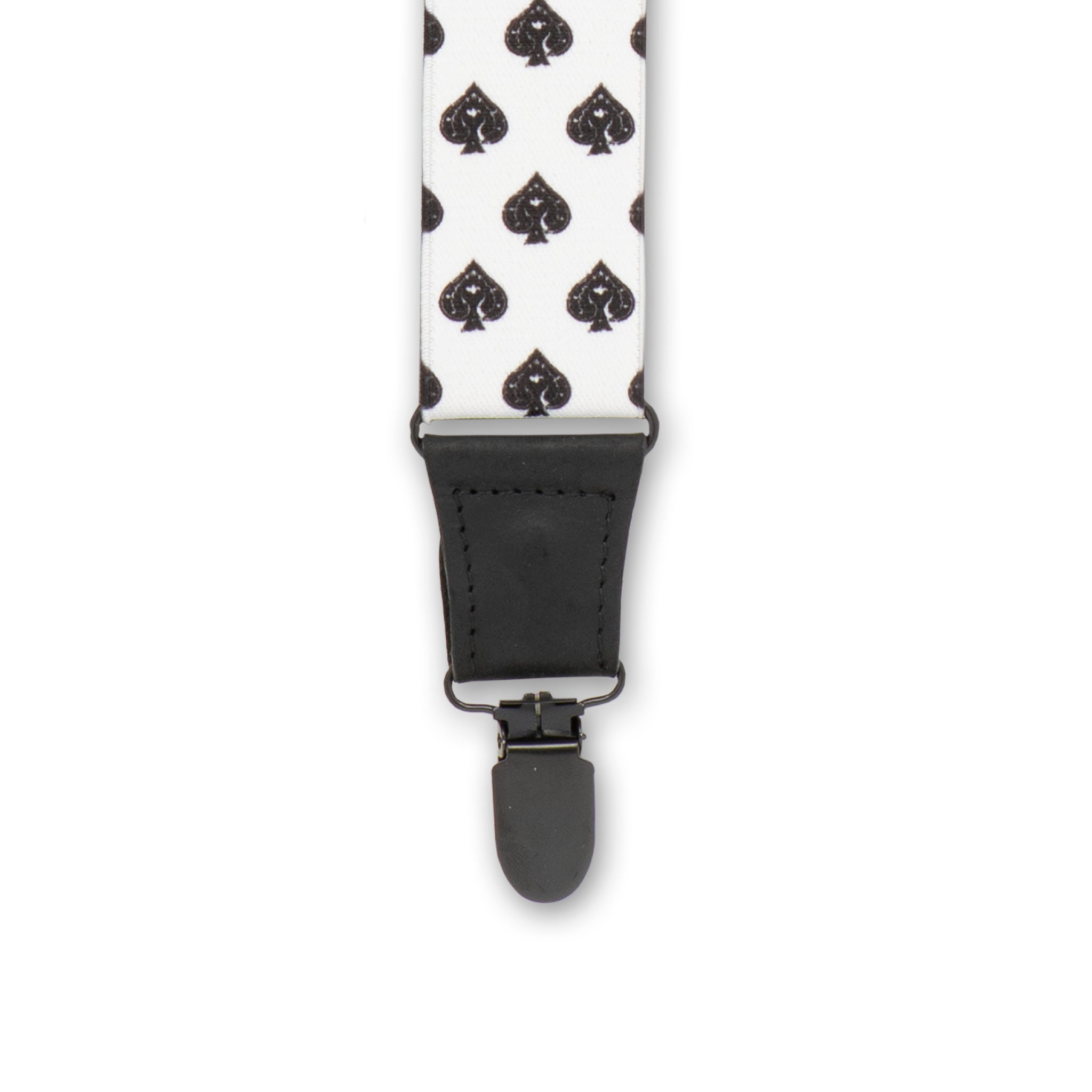 Close-up of Black Metal Clip with Black Authentic Nubuck Leather connector on Wiseguy Essential Suspenders