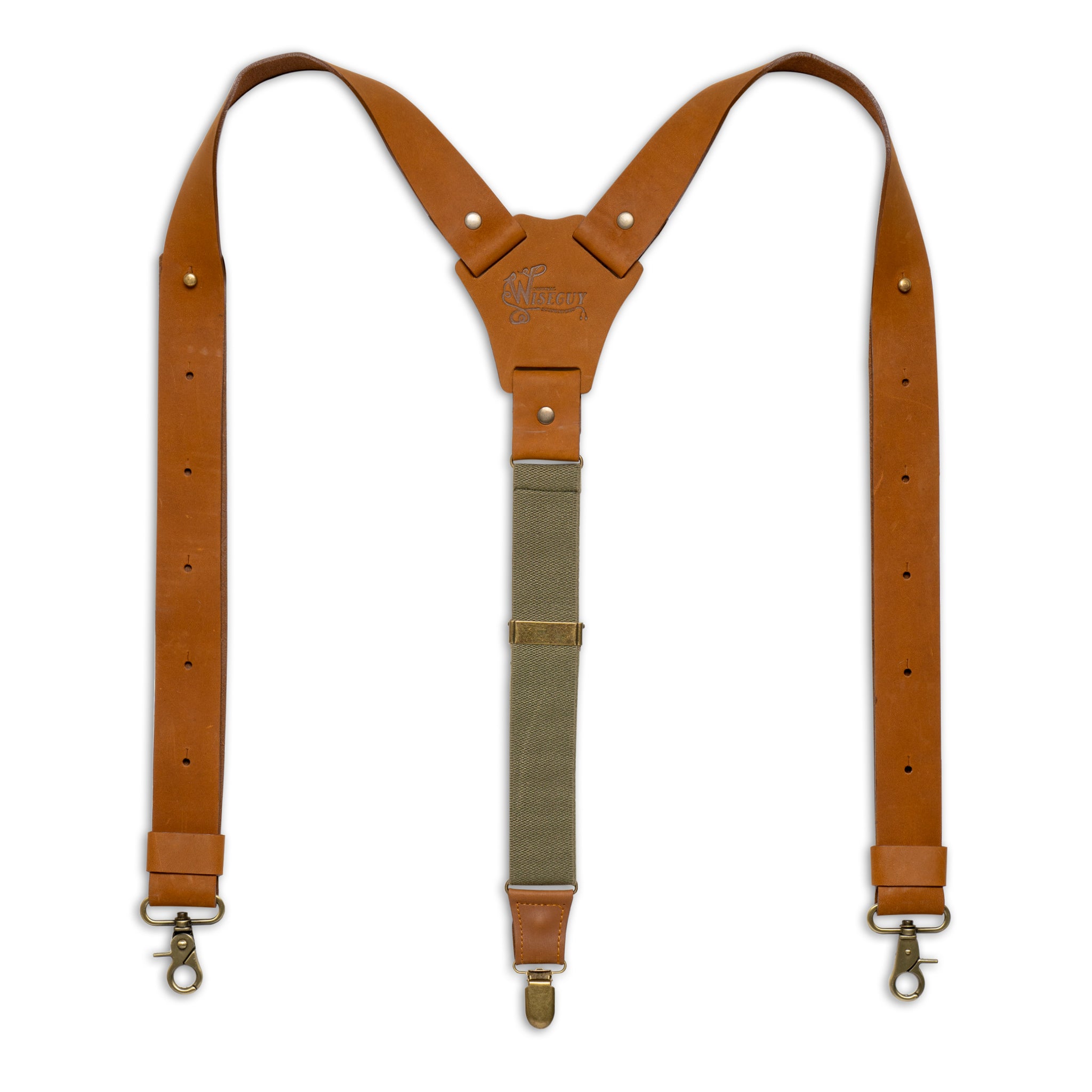 Flat lay of Khaki Green Wiseguy Crazy Horse Flex Suspenders with Camel Brown Authentic Nubuck Leather and European Elastic Webbing Straps, Brass metal hardware and Y-back design.