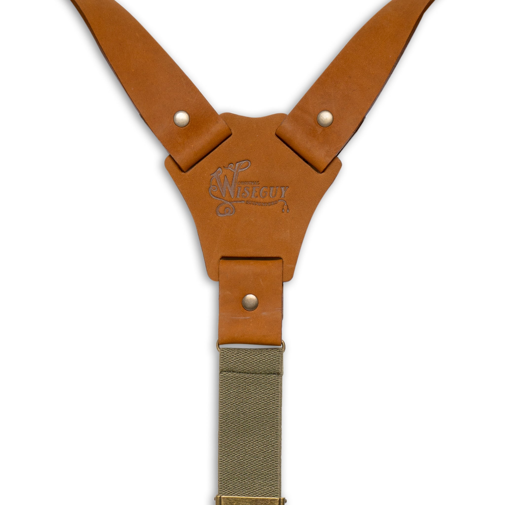 Back detail of Khaki Green Wiseguy Crazy Horse Flex Suspenders with Logo Embossed on Camel Brown Authentic Nubuck Leather Y-connector and brass metal studs.