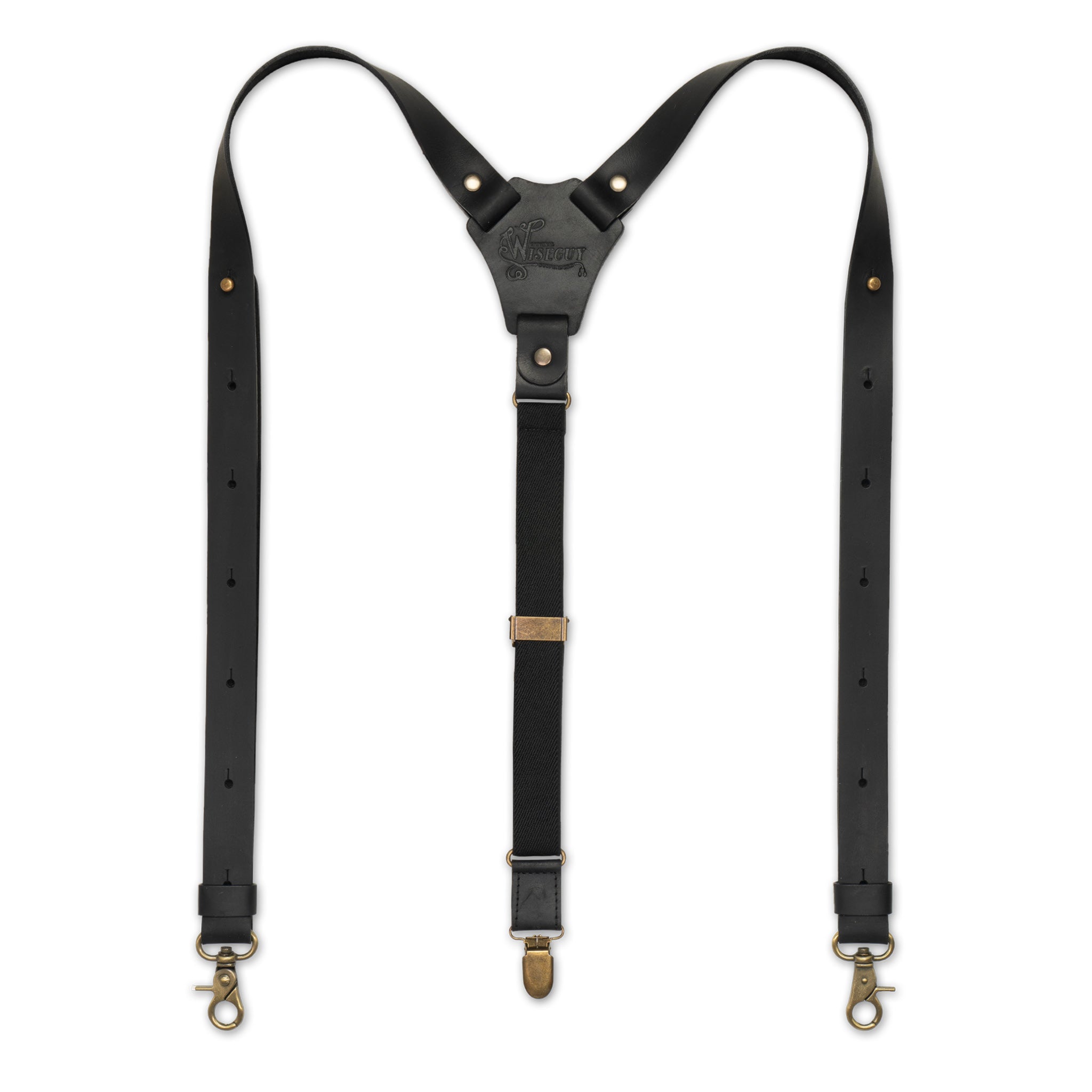 Flat lay of Dark Brown Crazy Horse Flex Suspenders with Dark brown Authentic Nubuck leather and Dark Brown European Elastic Webbing Straps, Brass Metal Hardware and Y-back design