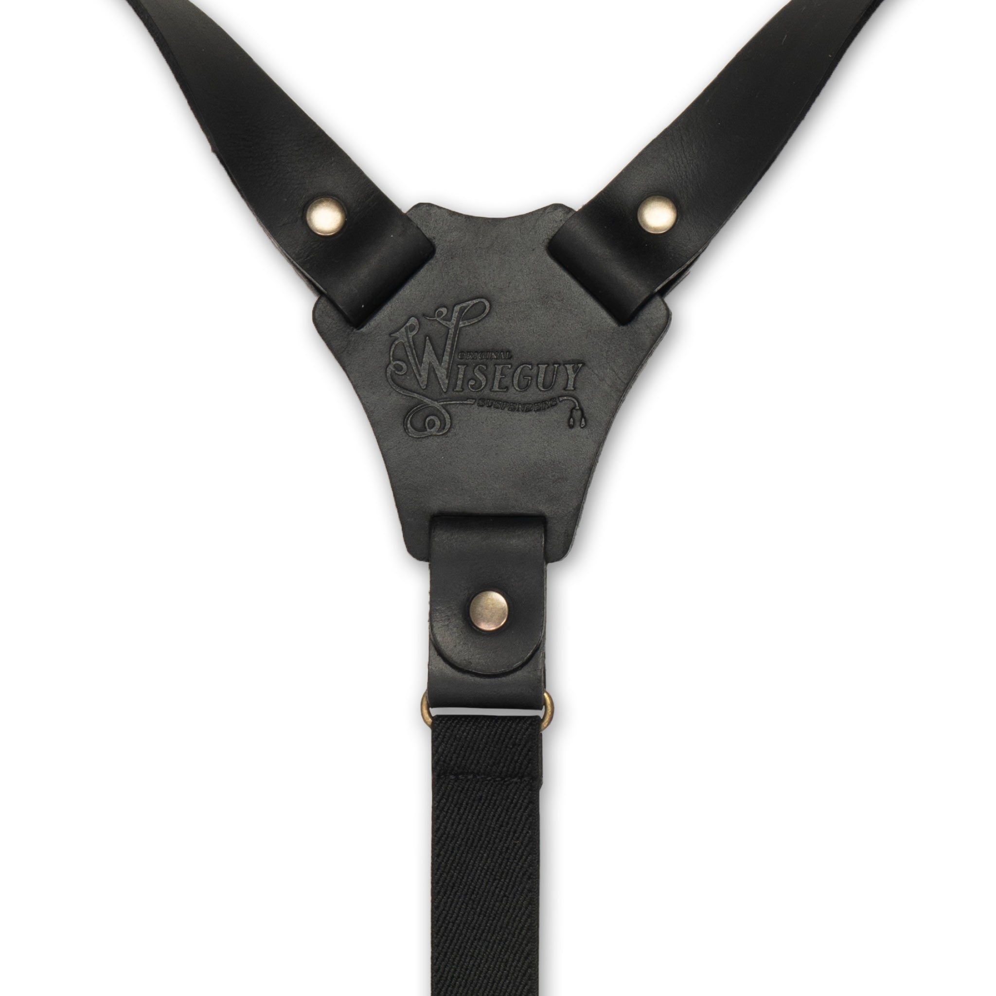 Back detail of Black Wiseguy Crazy Horse Flex Suspenders with Black Authentic Nubuck Leather Y-connector and Brass Metal Studs