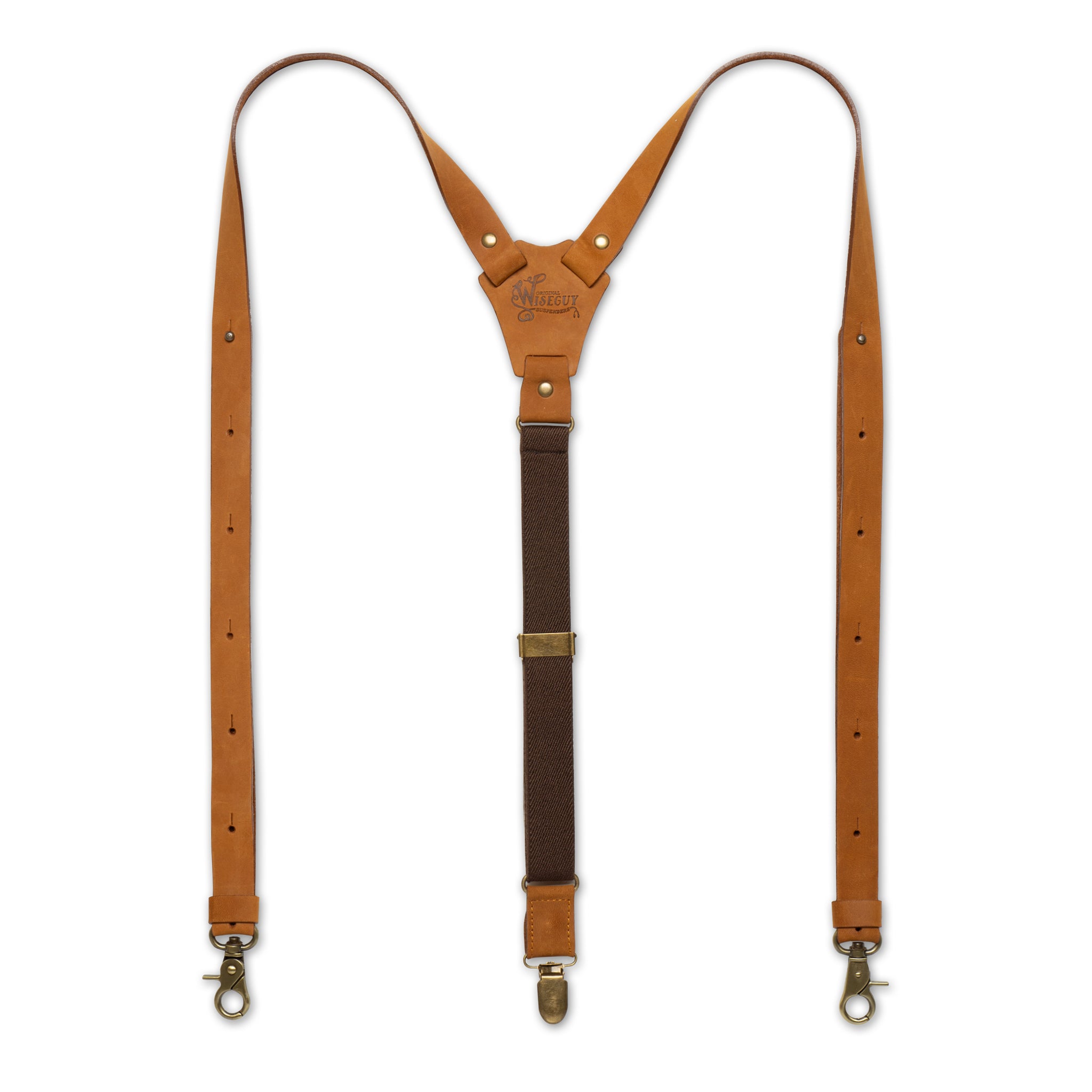 Flat Lay of Brown Wiseguy Crazy Horse Flex Suspenders with Camel brown Authentic Nubuck Leather and European Elastic Webbing Straps, brass metal hardware and Y-back design.
