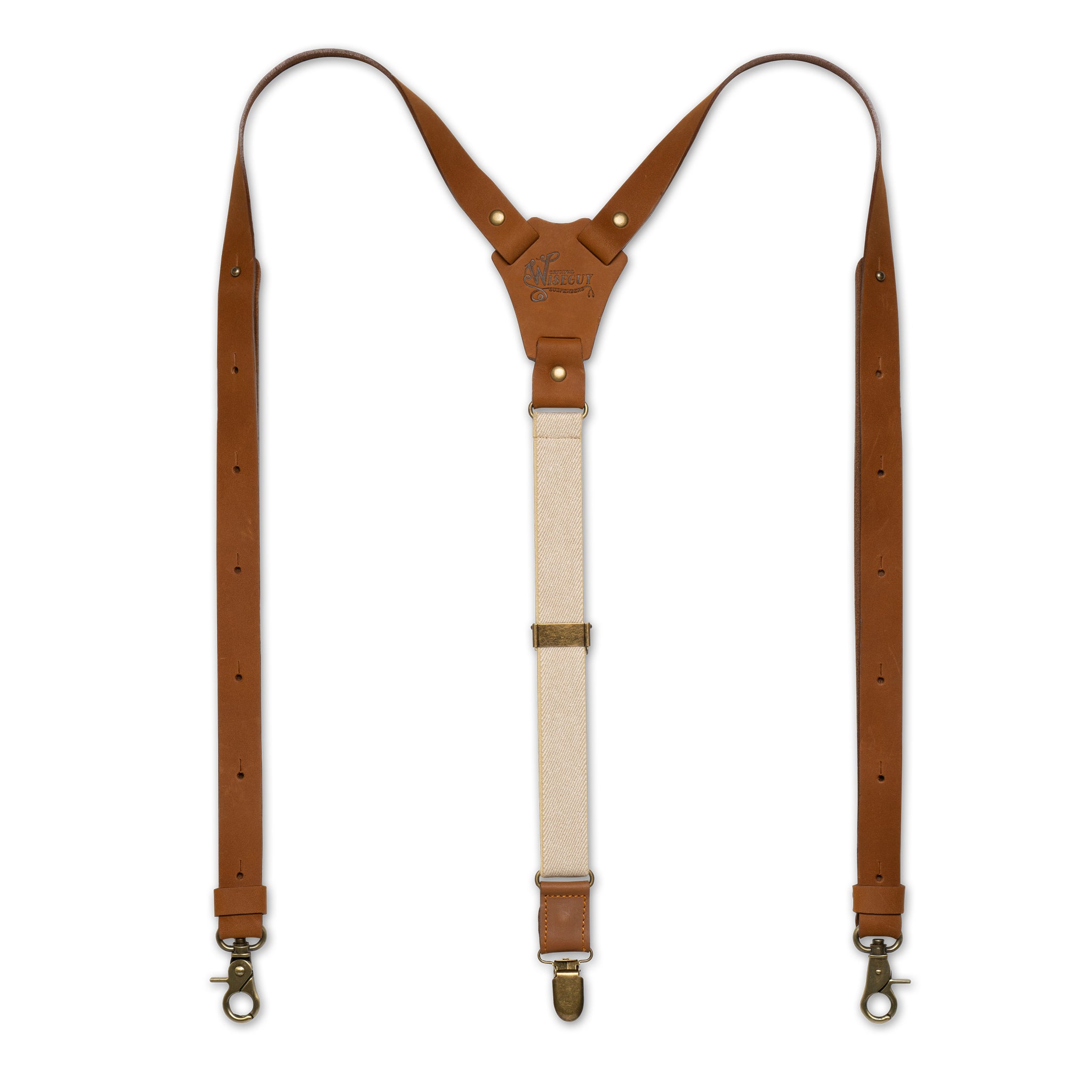 Flat lay of Beige Wiseguy Crazy Horse Flex suspenders with Camel Brown Authentic nubuck leather and European Elastic Webbing straps, brass metal hardware and a Y-back design.