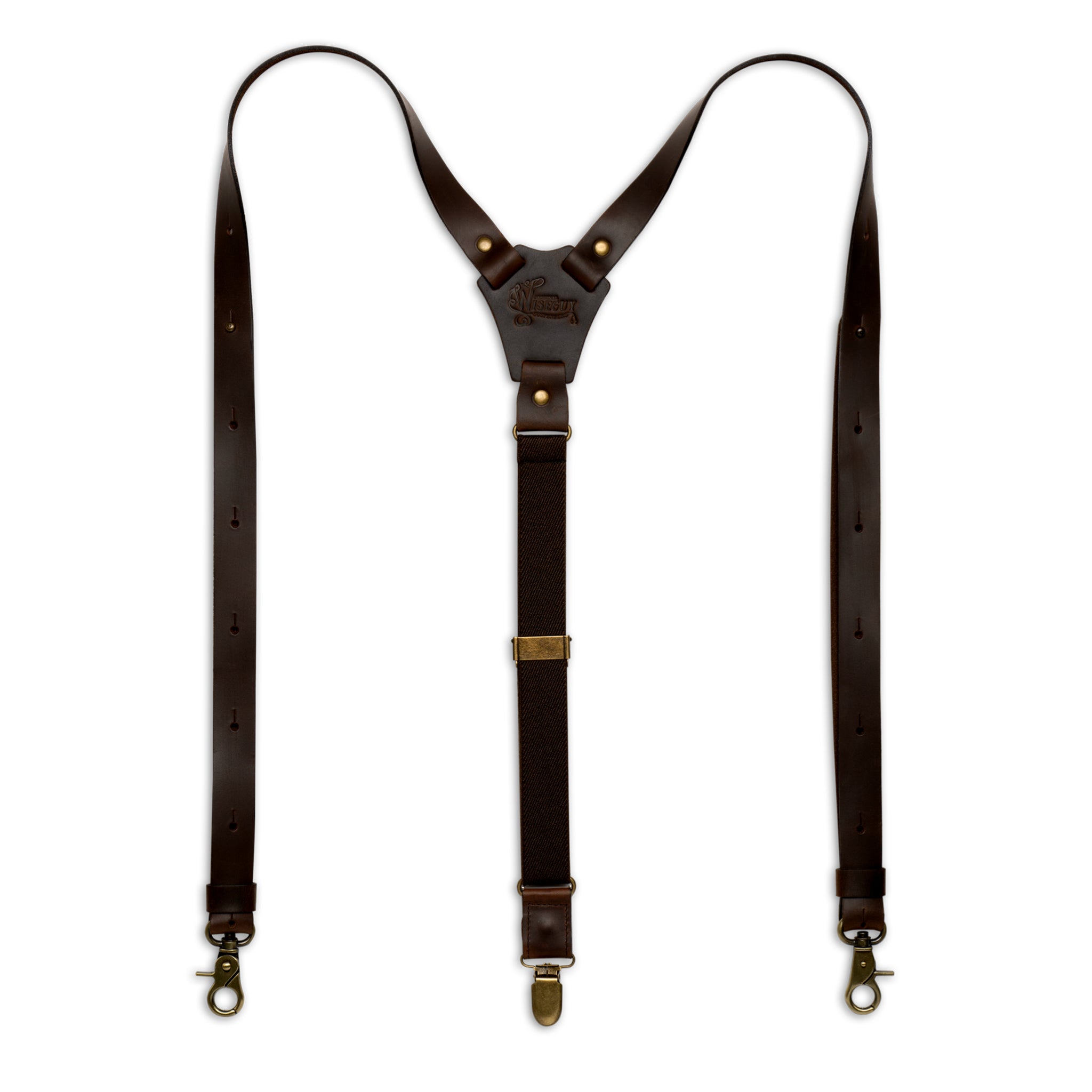 Flat lay of Dark Brown Wiseguy Crazy Horse Flex Suspenders with Dark Brown Authentic Nubuck Leather and European Elastic webbing straps, Brass metal hardware and Y-back design.