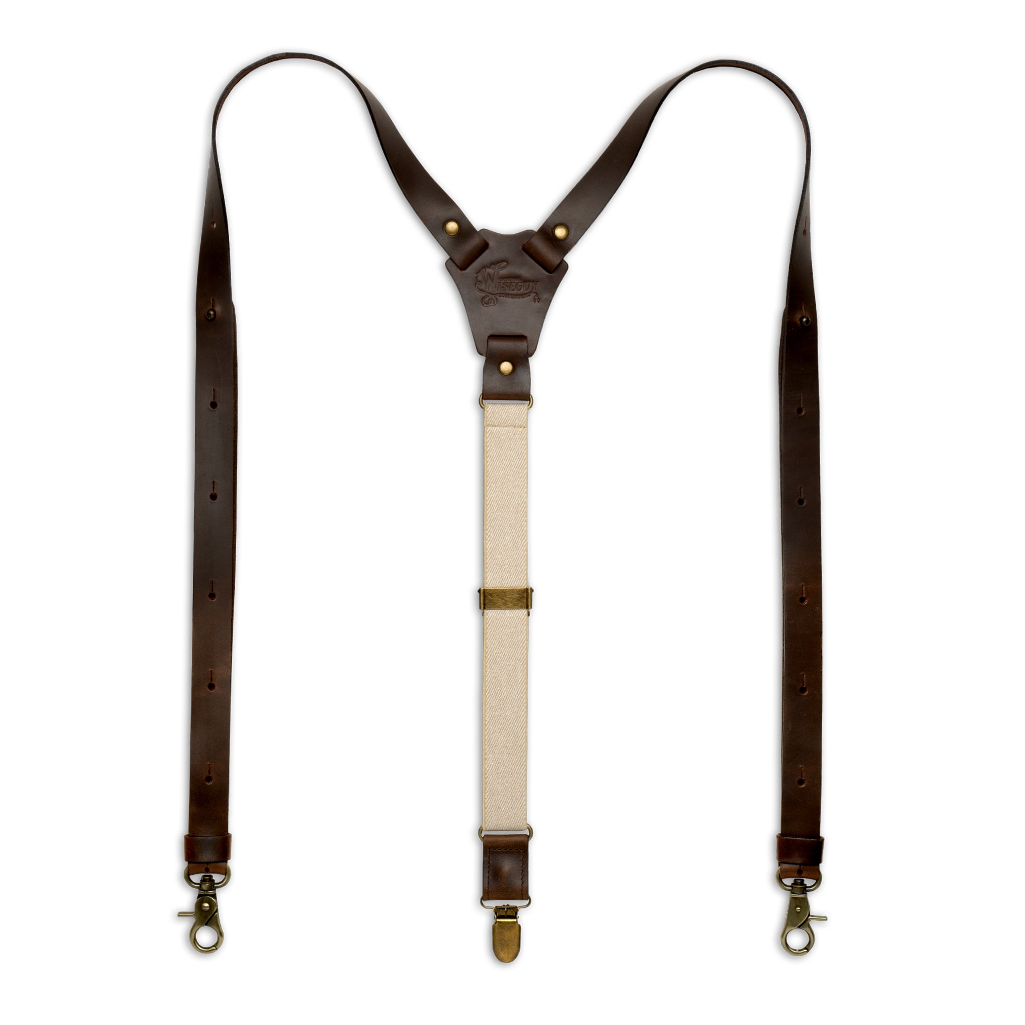 Flat lay of Beige Wiseguy Crazy Horse Flex Suspenders with Dark Brown Authentic Nubuck Leather and European Elastic Webbing Straps, Brass metal hardware and Y-back design.