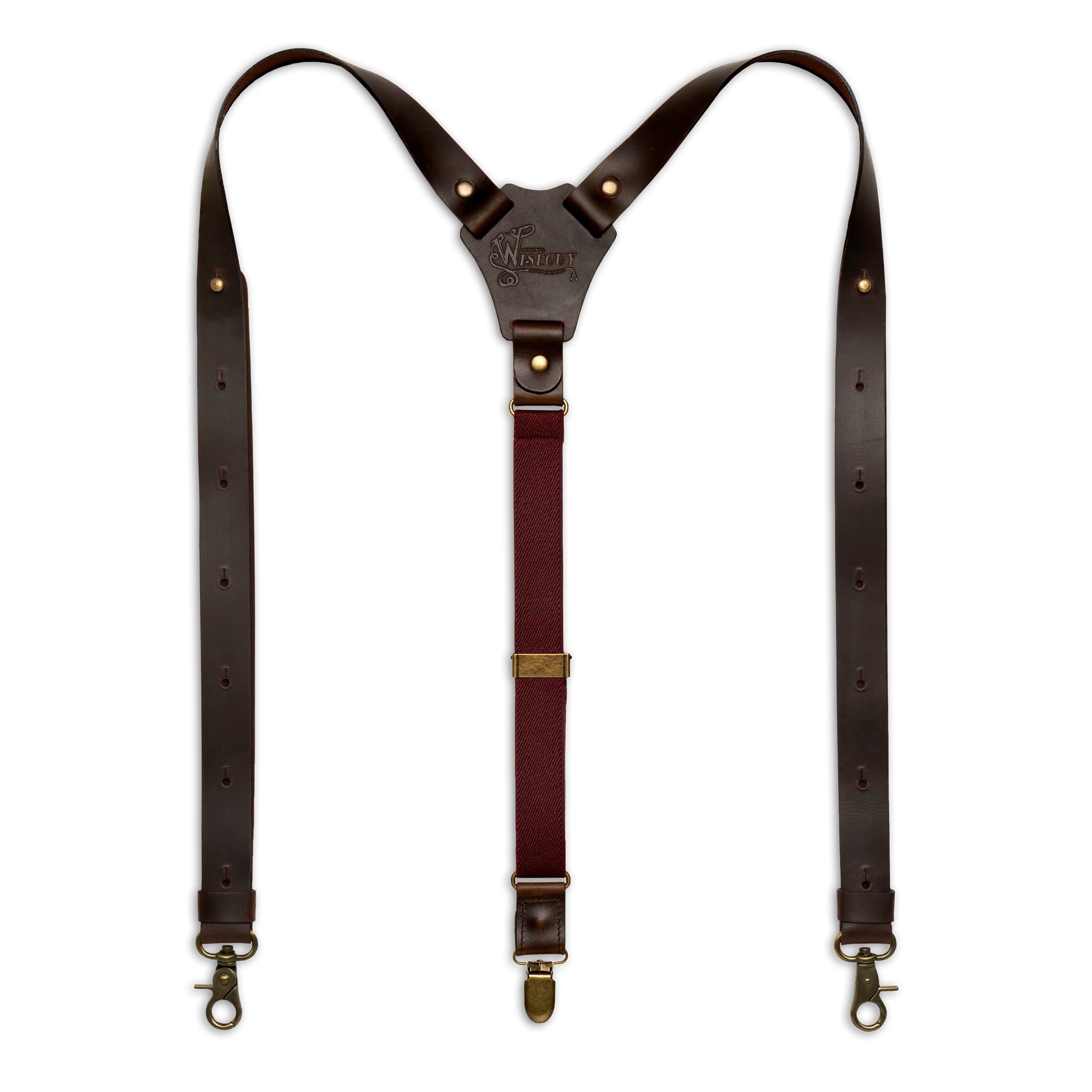 Flat lay of Burgundy Wiseguy Crazy Horse Flex Suspenders with Dark Brown Authentic leather parts and European Elastic Webbing Straps, Brass metal parts and Y-back design