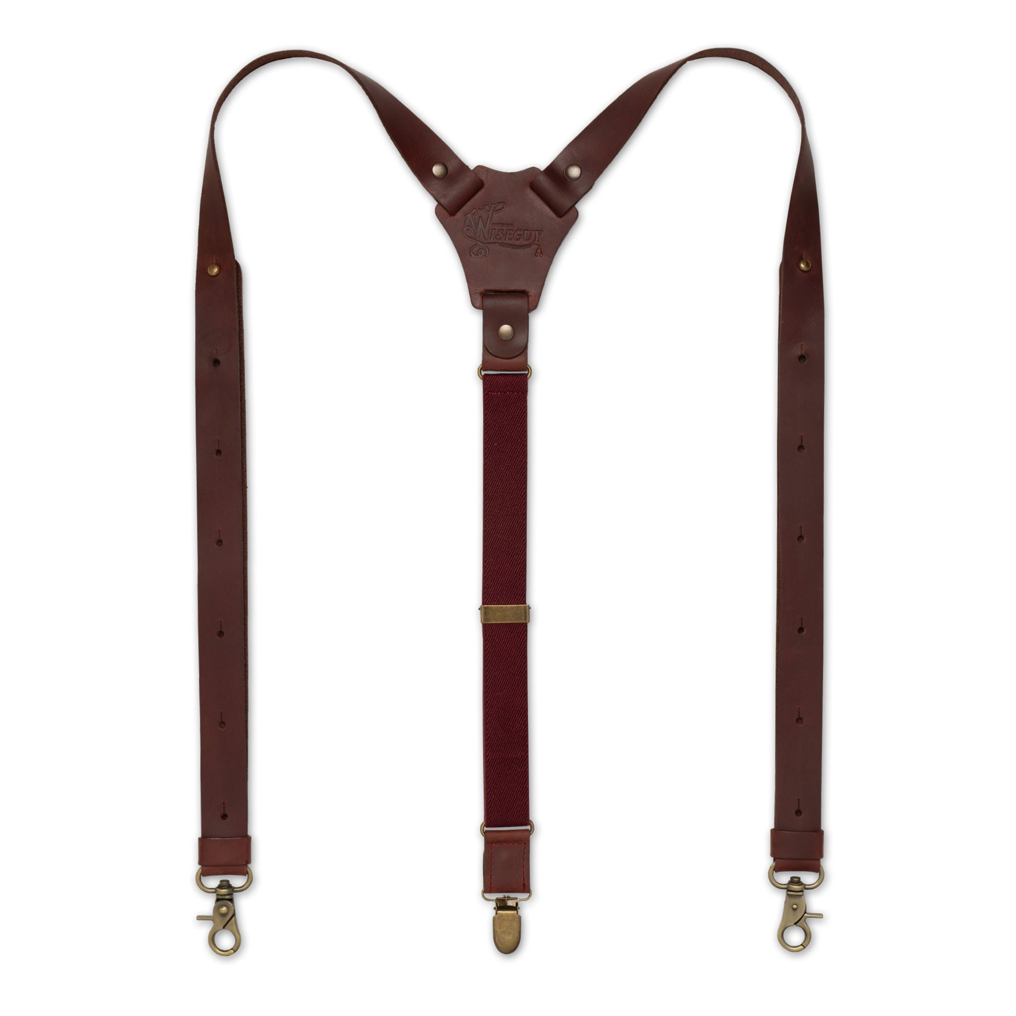 Flat lay of Burgundy Wiseguy Crazy Horse Flex Suspenders with Dark Brown Authentic Nubuck Leather and European Elastic Webbing Straps, Brass Metal Hardware and Y-back design.