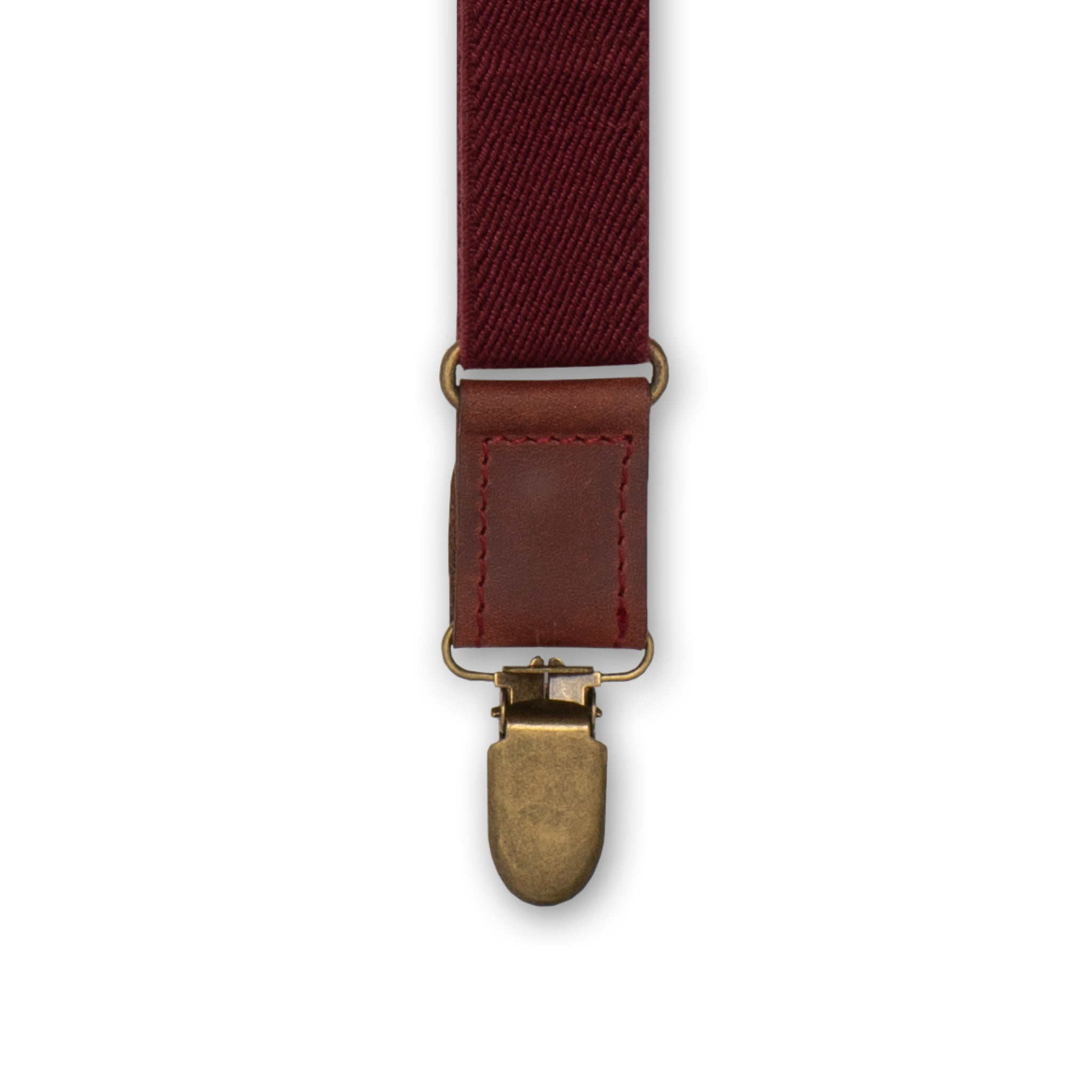 Close-up of Brass metal clip with Dark Brown Authentic Nubuck Leather connector on Wiseguy Crazy Horse Flex Suspenders.