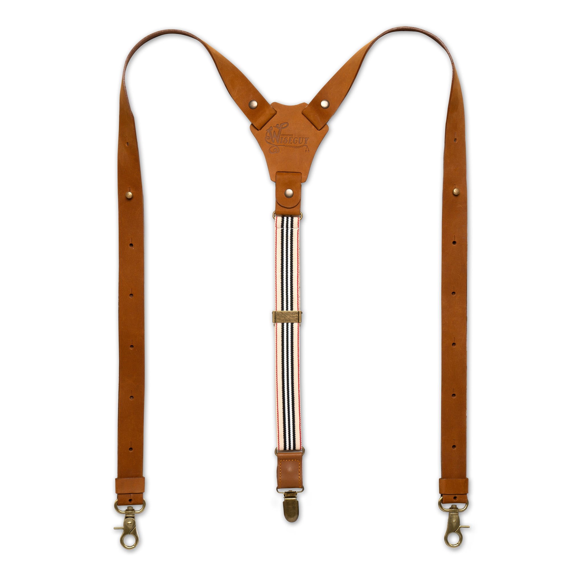 Flat Lay of white striped Wiseguy Crazy Horse Flex Suspenders with Camel Brown Authentic Nubuck Leather and European Elastic Webbing Straps, Brass Metal Hardware and Y-back design
