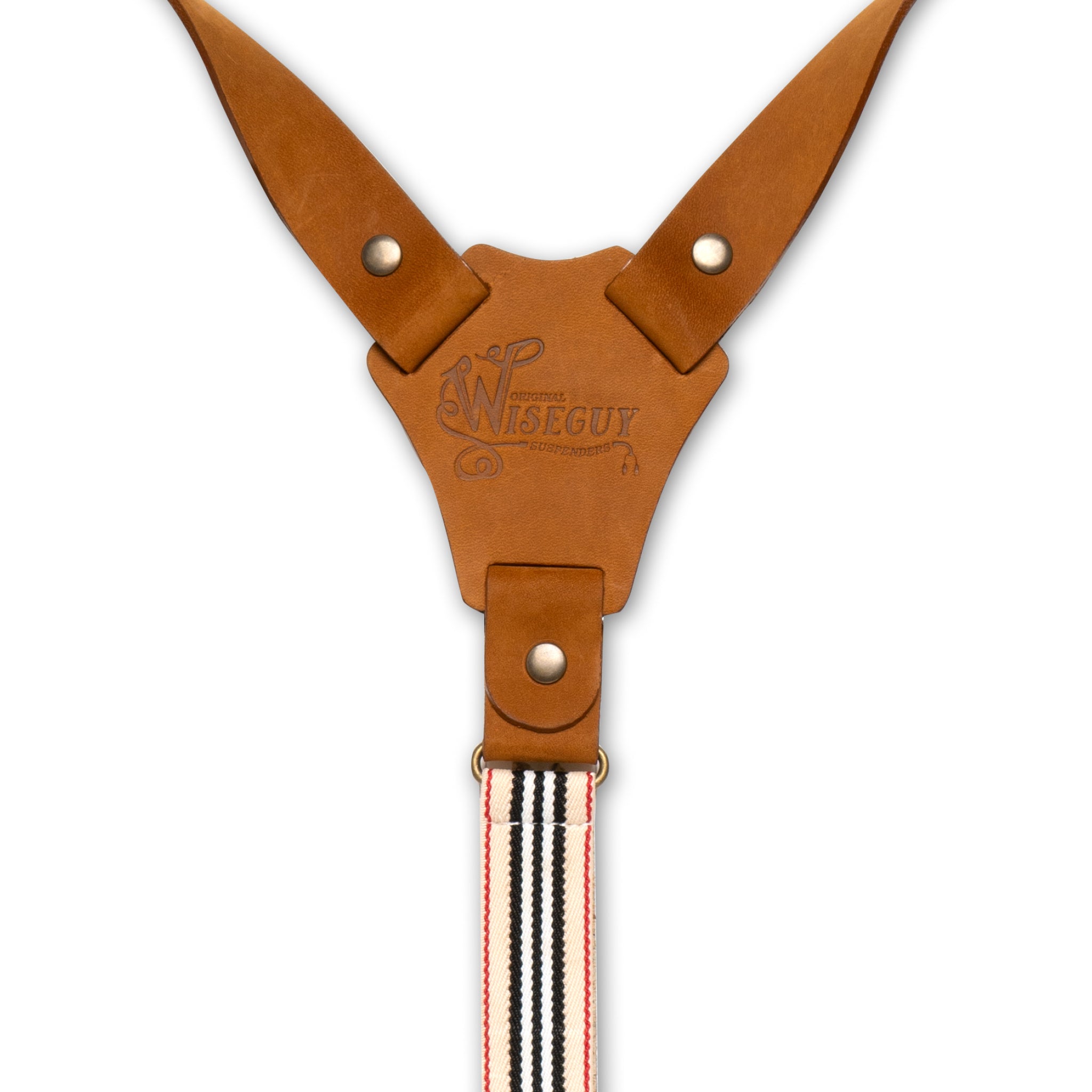 Back detail of White Striped Wiseguy Crazy Horse Flex with Embossed logo on Camel Brown Authentic Nubuck Leather and Brass Metal Studs