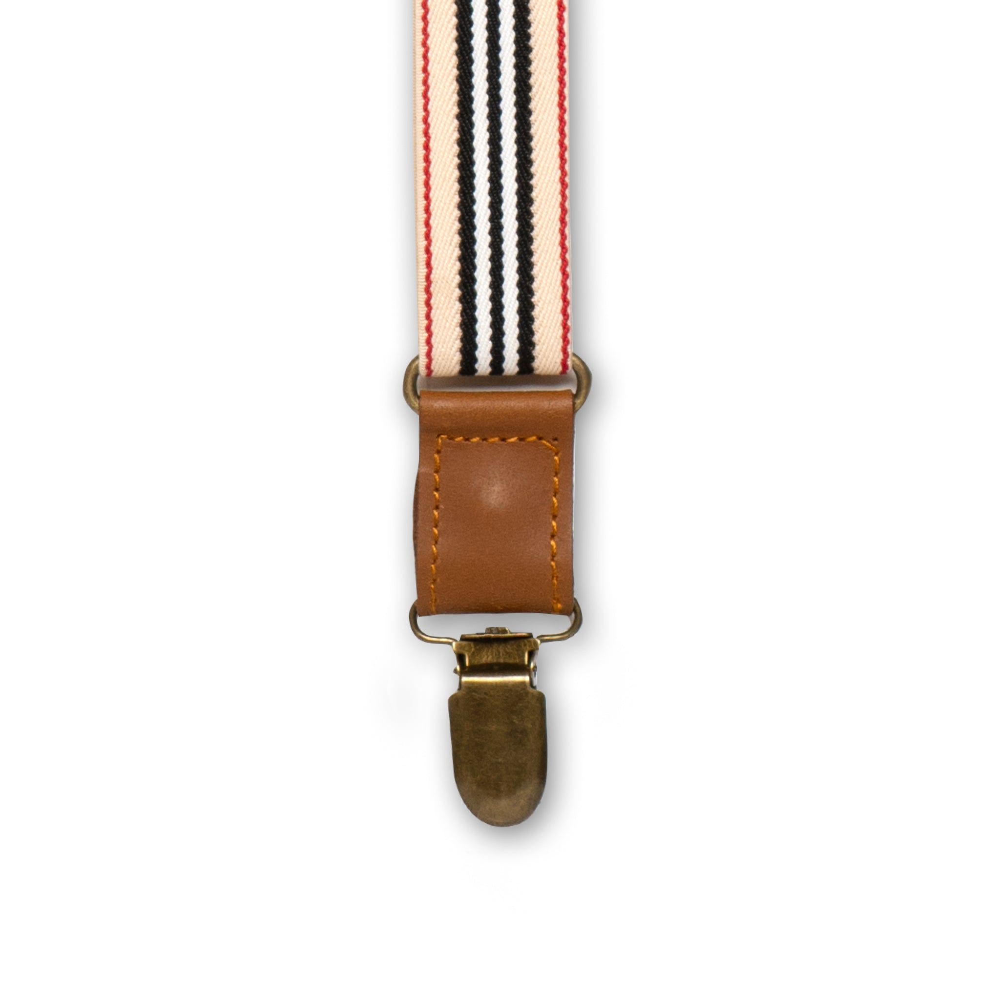 Close-up of Brass Metal Clip with Camel Brown Authentic Nubuck Leather connector on Wiseguy Racing Suspenders