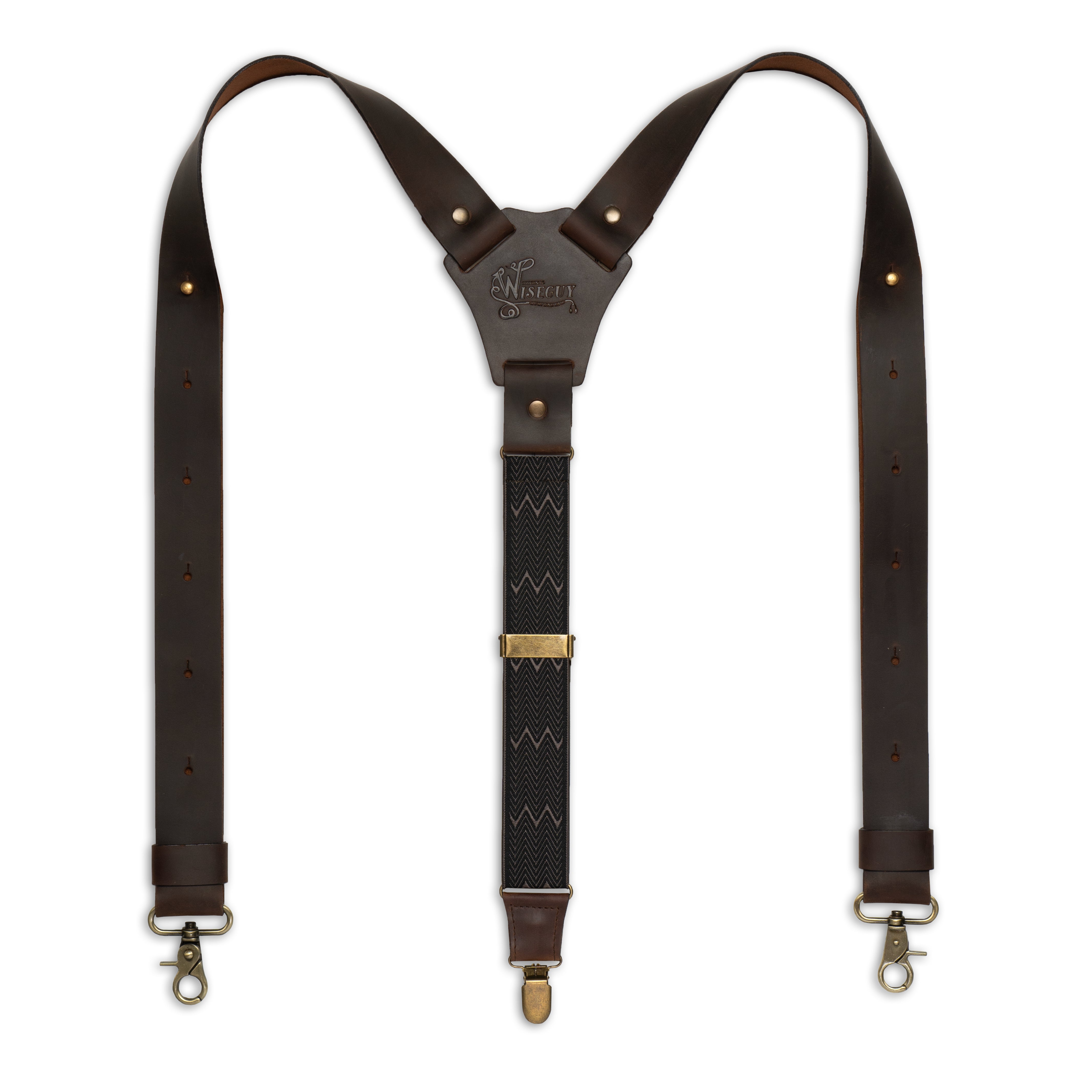 Flat lay of Dark Brown Wiseguy Crazy Horse Flex suspenders with European Elastic webbing in brown herringbone design and Dark Brown Authentic Nubuck leather straps, brass metal parts, and a Y-Back Design