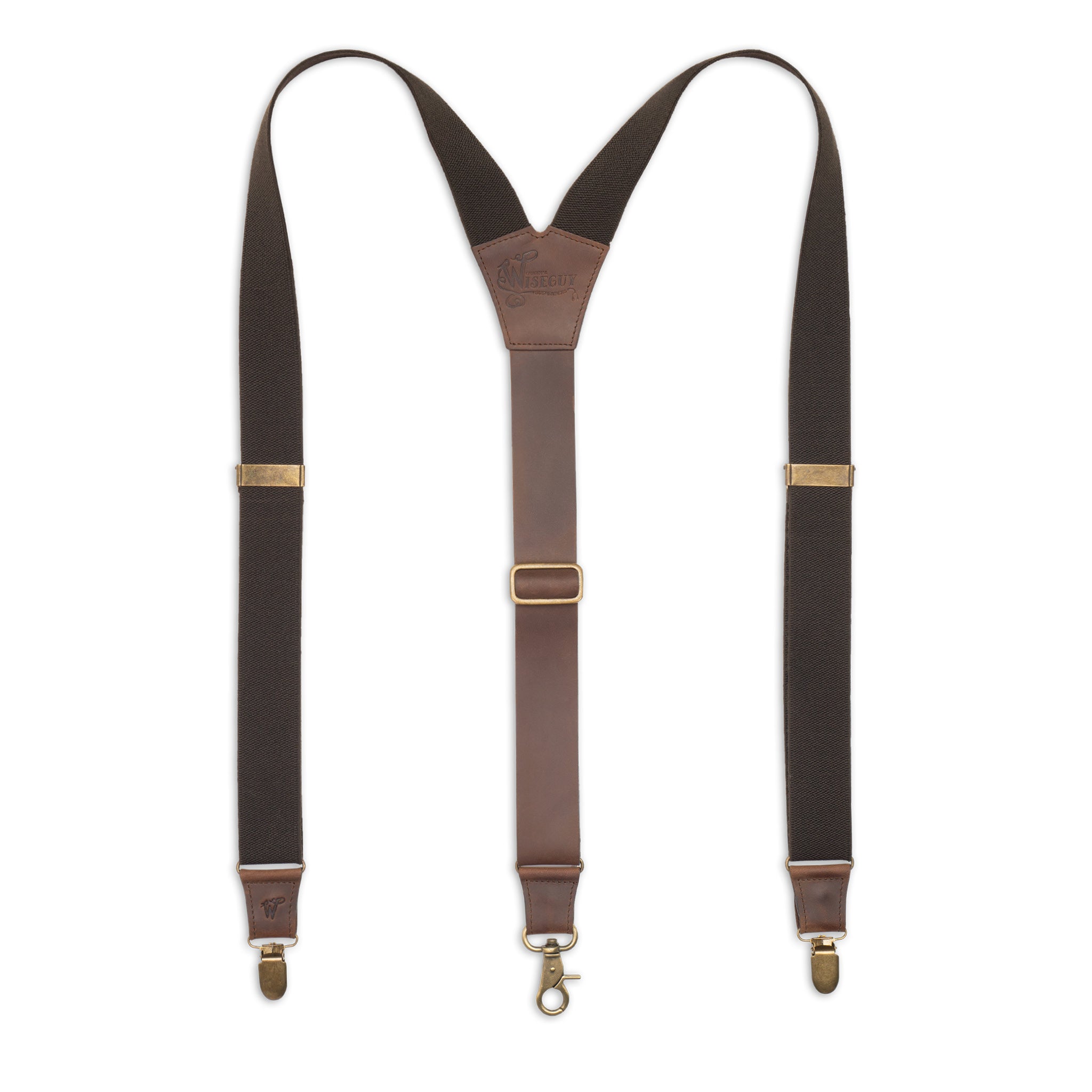 Flat lay of Brown Wiseguy Charger Suspenders with Dark Brown Authentic Nubuck Leather and European Elastic webbing straps, brass metal hardware and Y-back design.